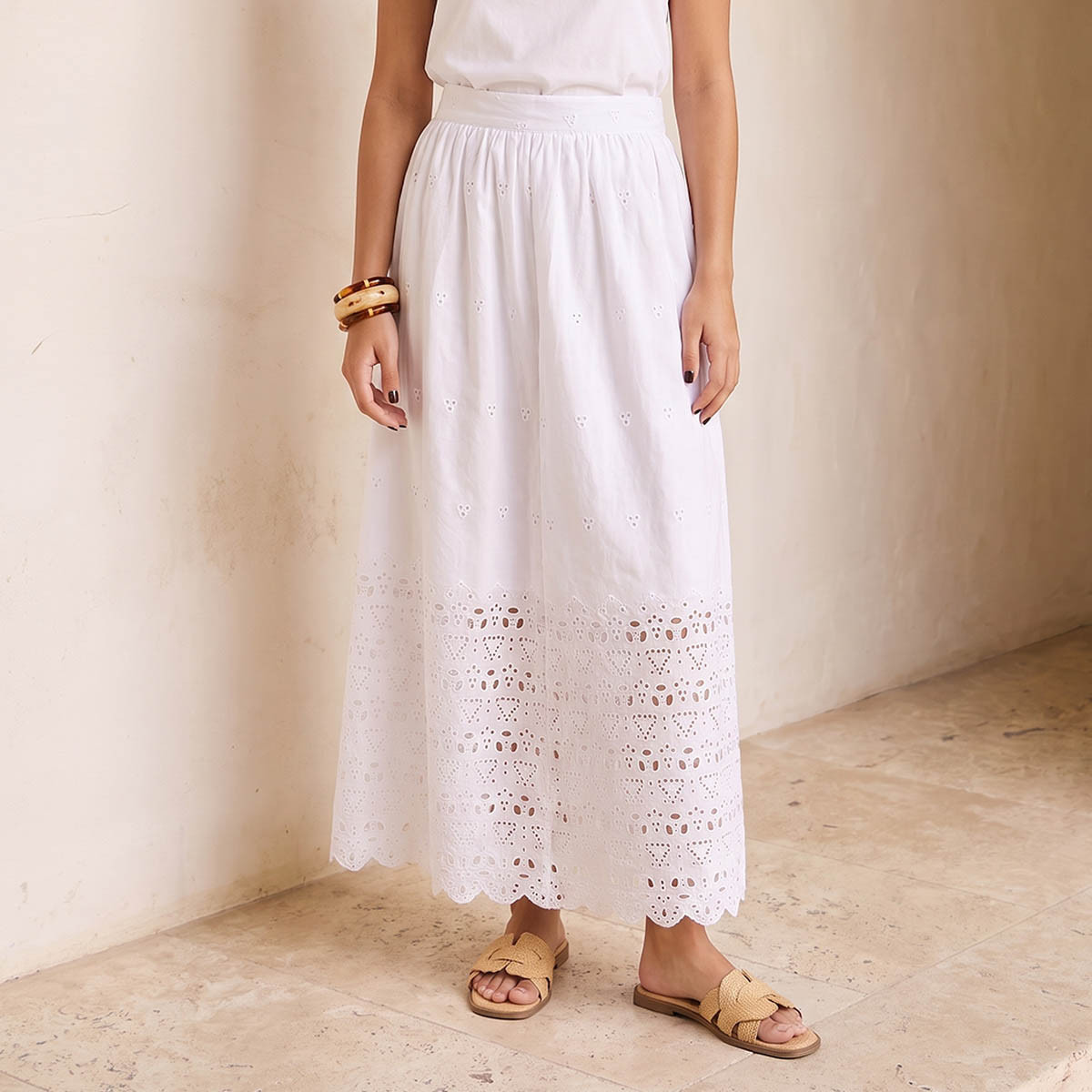 Splash Youth Maxi Cotton Embroidered Skirt with Scalloped Hem