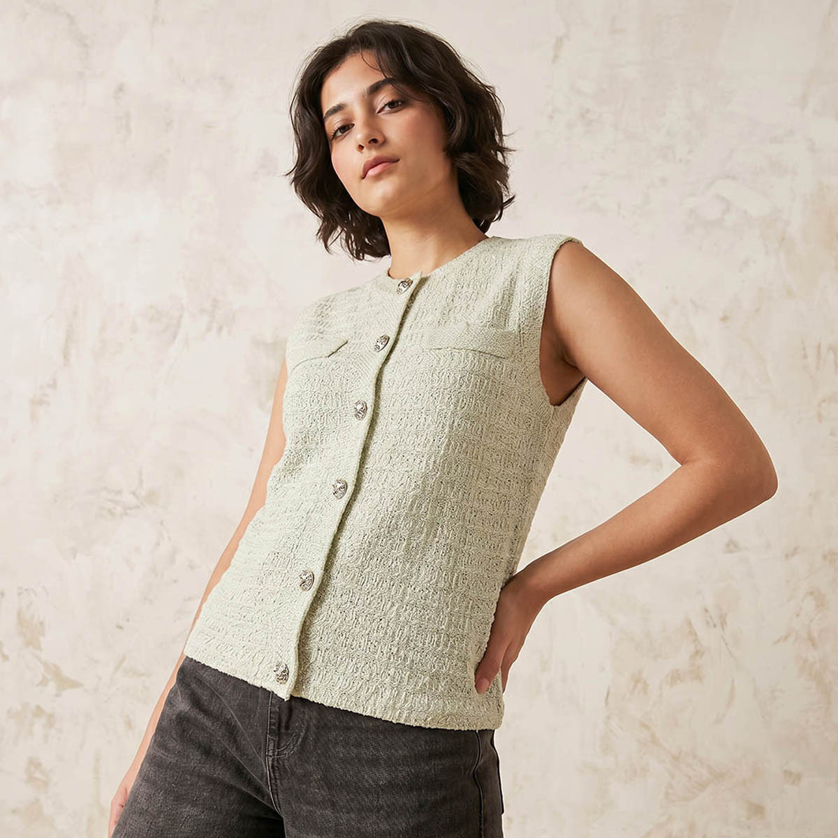 Splash Youth Textured Crew Neck Cardigan