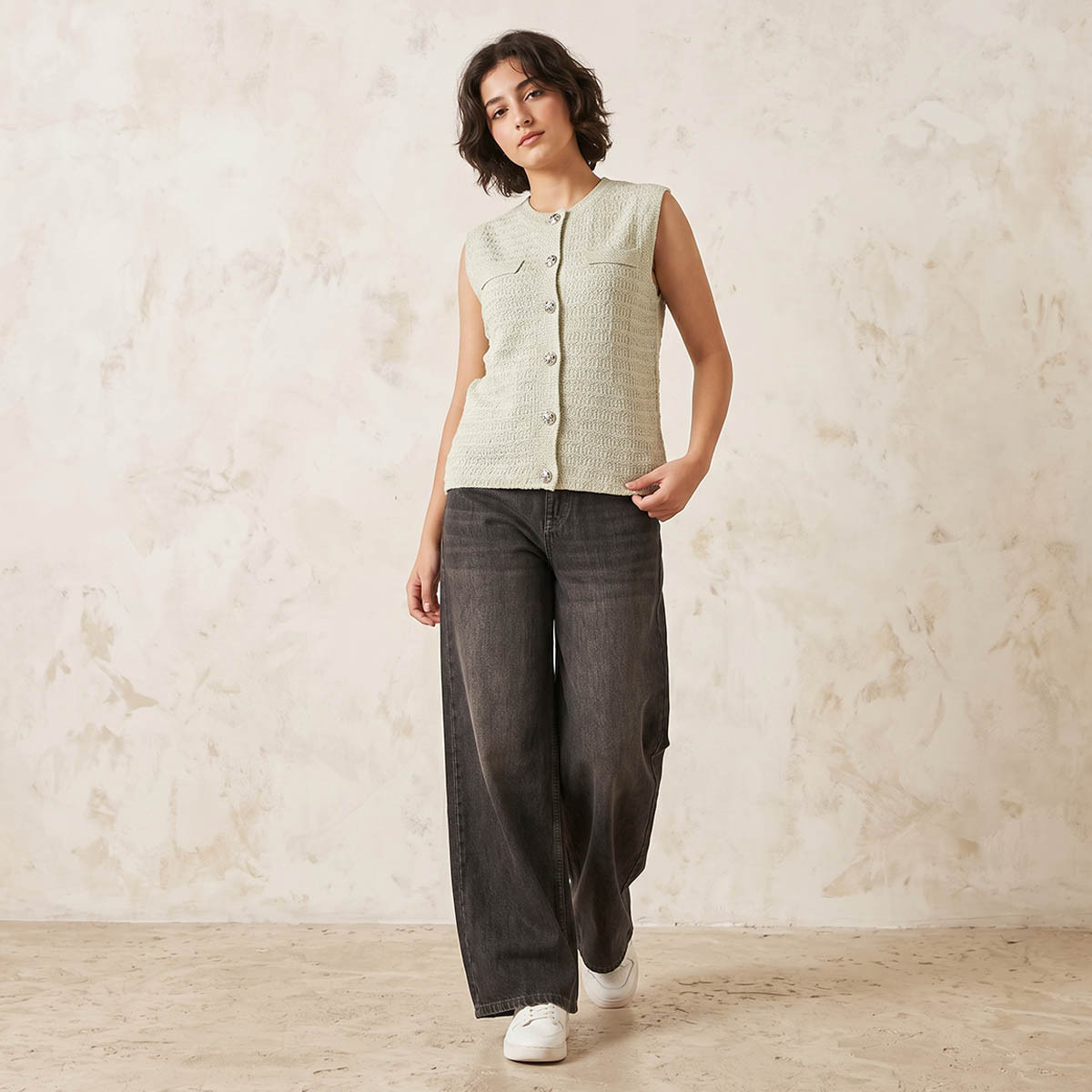 Splash Youth Textured Crew Neck Cardigan