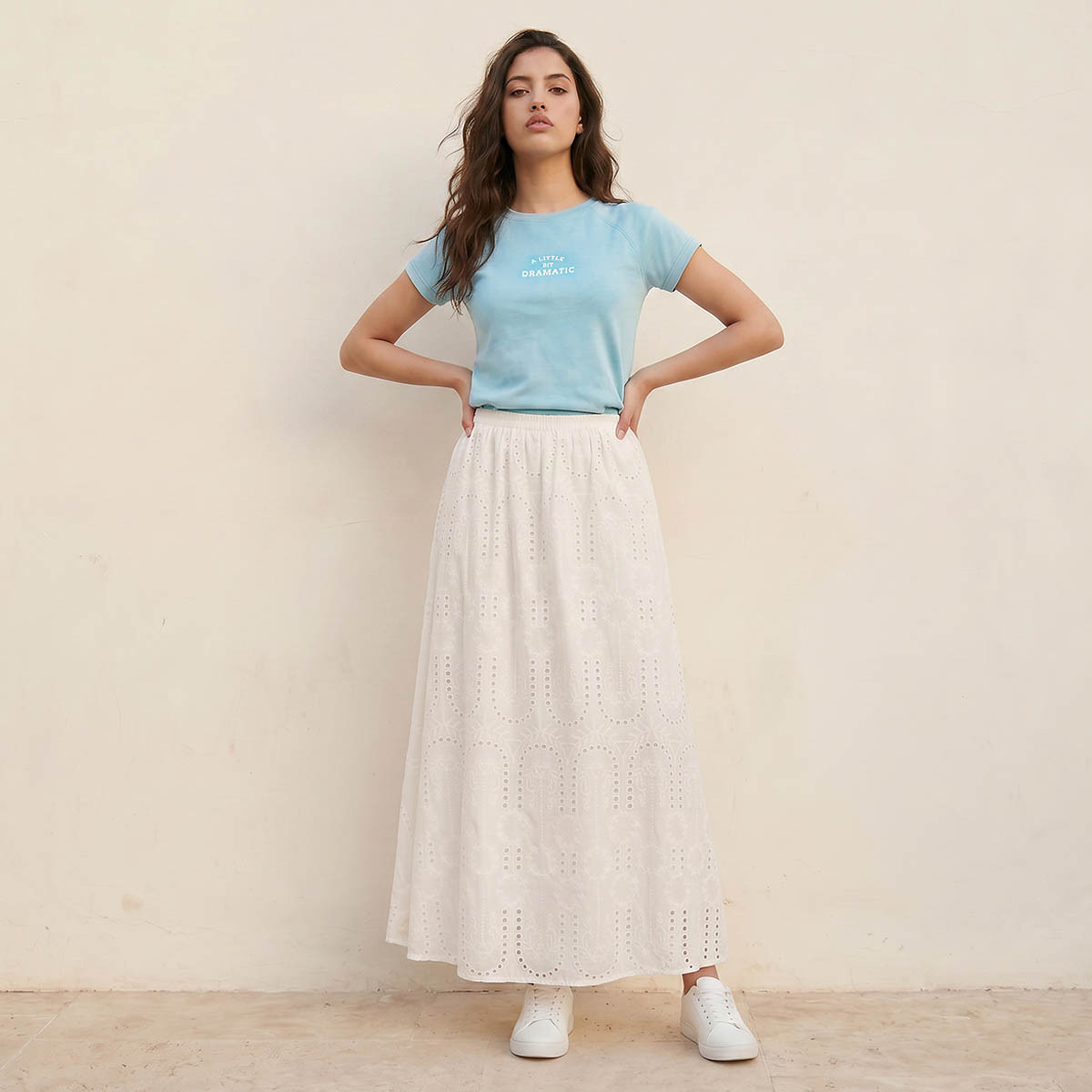 Maxi Cotton A-Line Skirt with Schiffli Detail