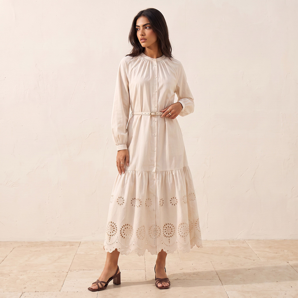 Splash Youth Cutwork A-line Cotton Dress with Belt