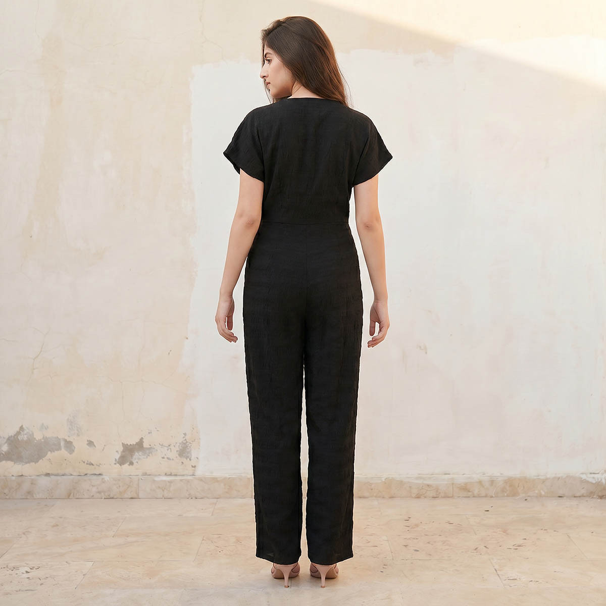 Splash Youth Textured Wrap Jumpsuit with Tie-Up Belt