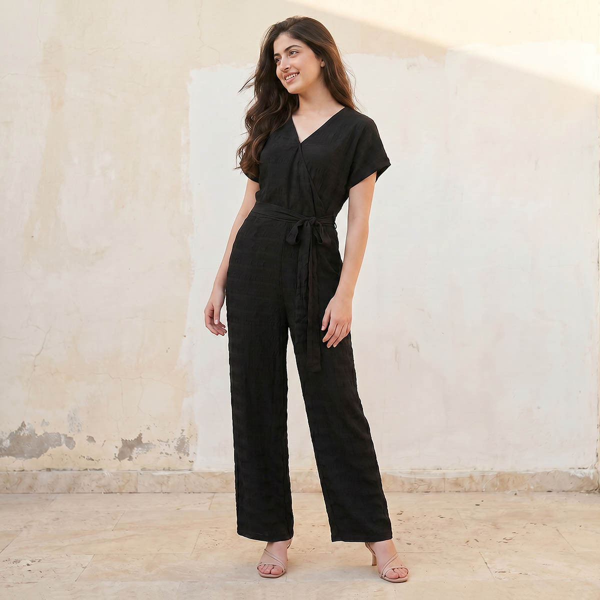 Splash Youth Textured Wrap Jumpsuit with Tie-Up Belt