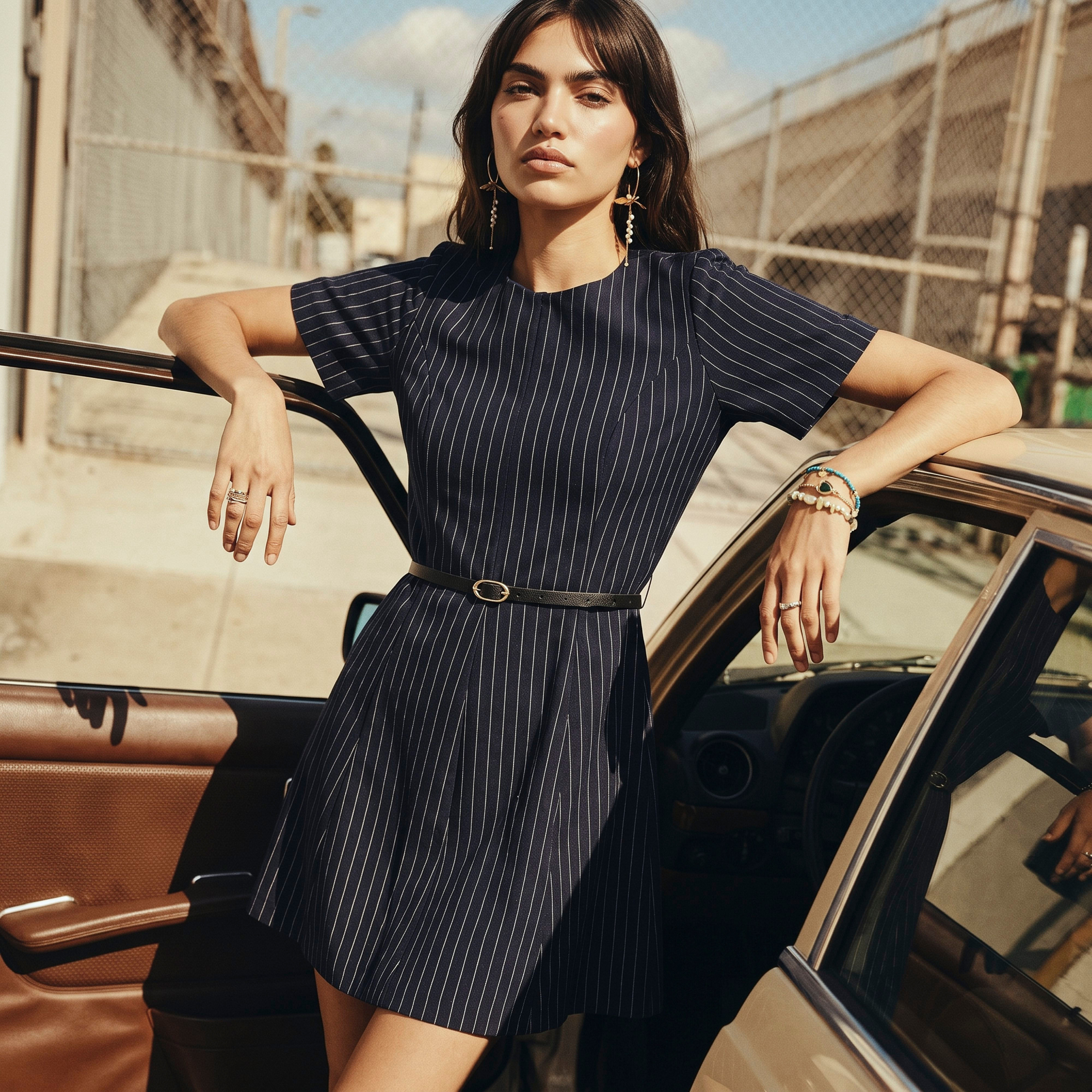 Splash Youth Striped Skater Dress with Belt