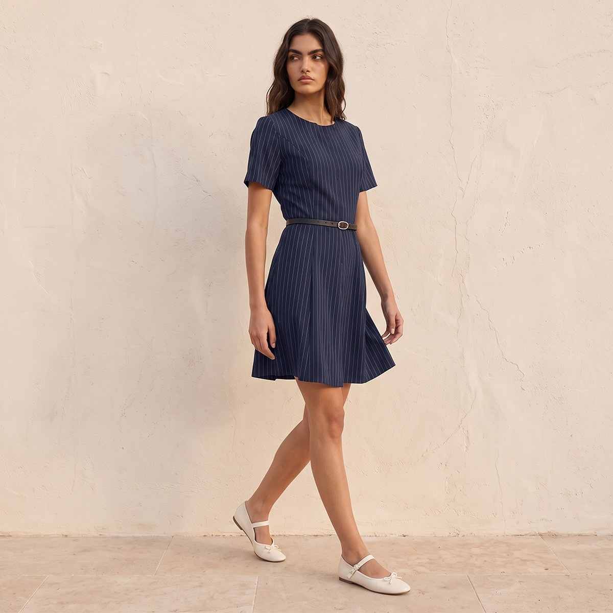 Splash Youth Striped Skater Dress with Belt