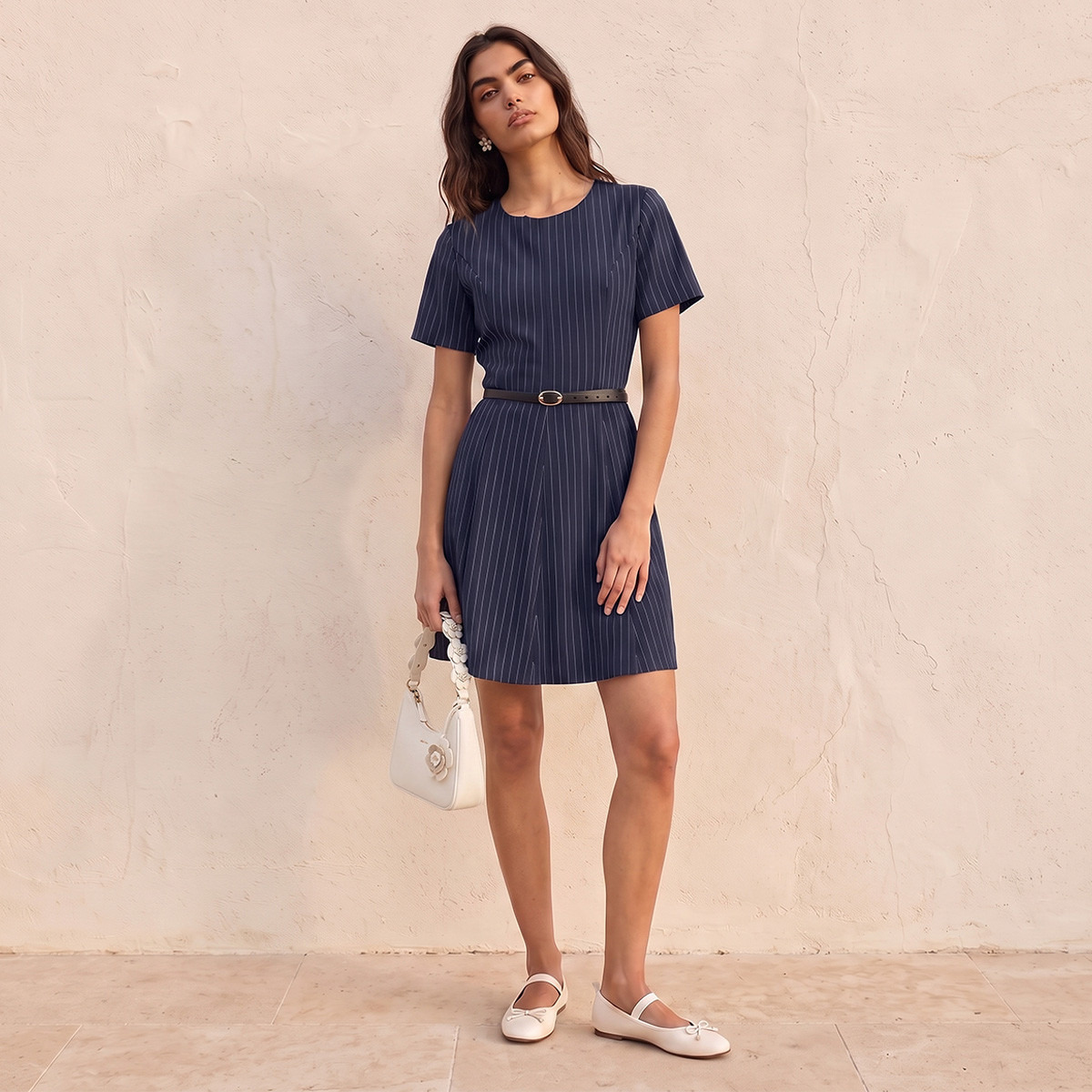 Splash Youth Striped Skater Dress with Belt