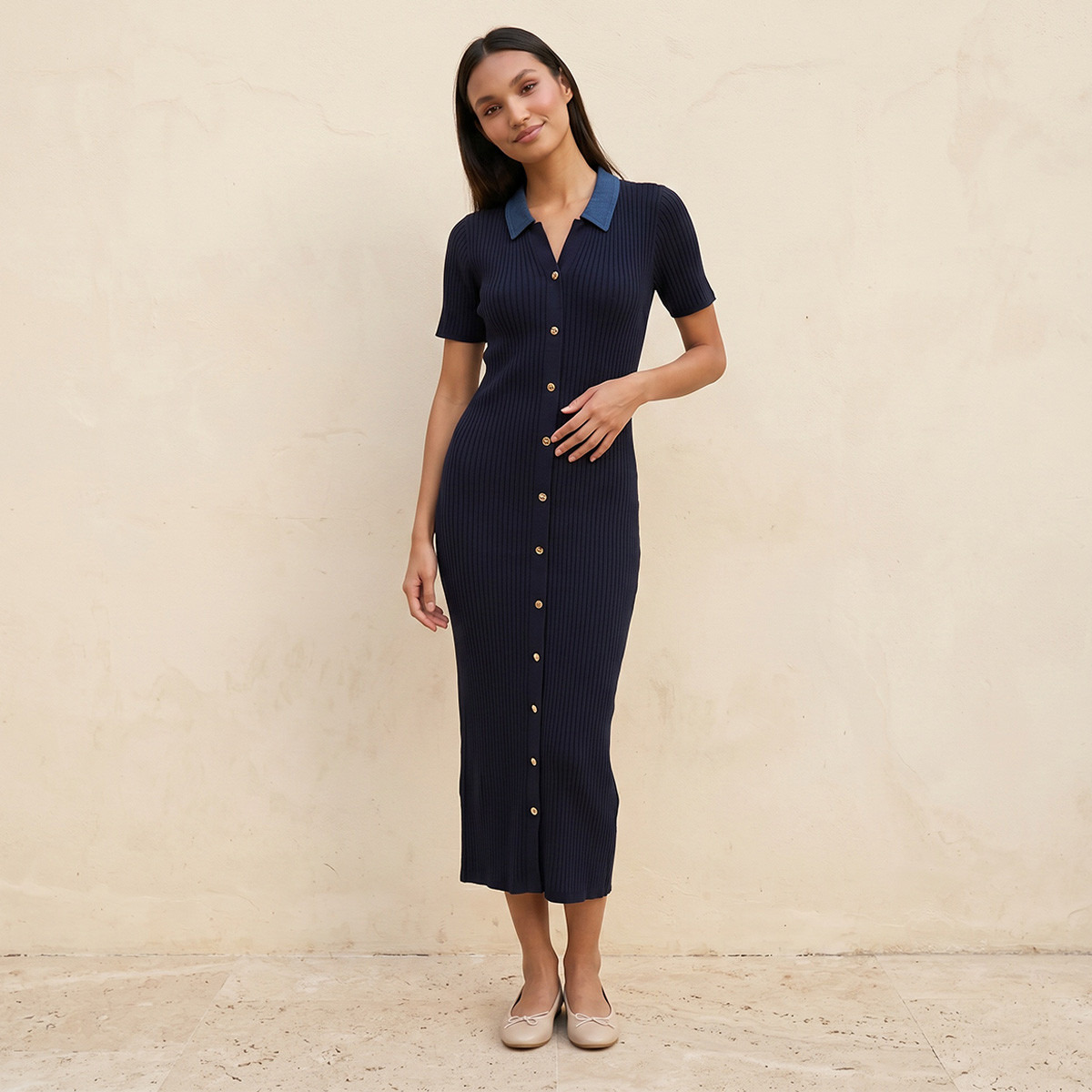 Splash Youth Ribbed Bodycon Dress with Collar