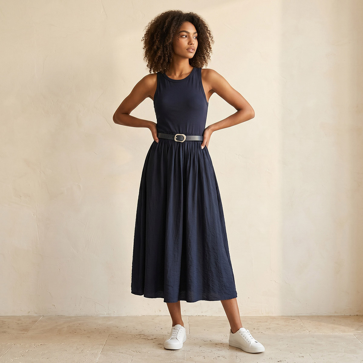 Splash Youth A-line Midi Dress Pin Buckle Belt