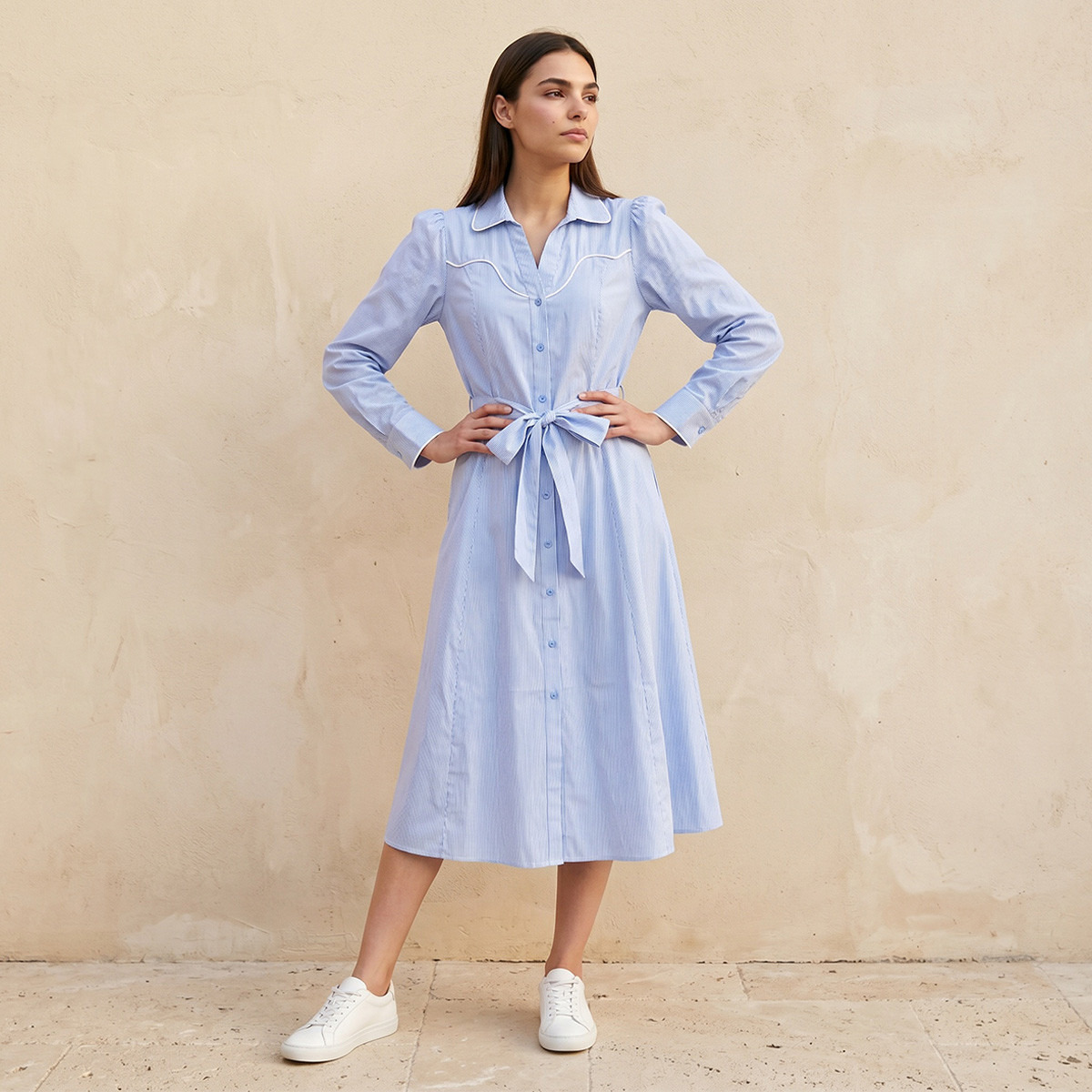 Splash Youth Striped Cotton Shirt Dress with Tie-Up Belt
