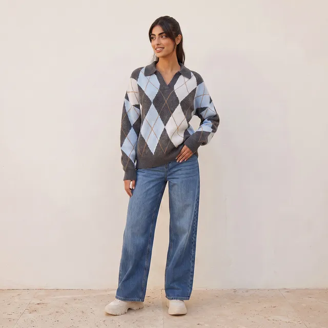 Splash Youth Argyle Texture Collared Sweater – image 5