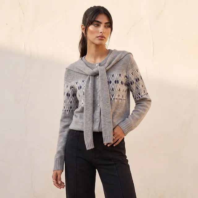 Splash Youth Textured Cardigan with Tie-Up Scarf