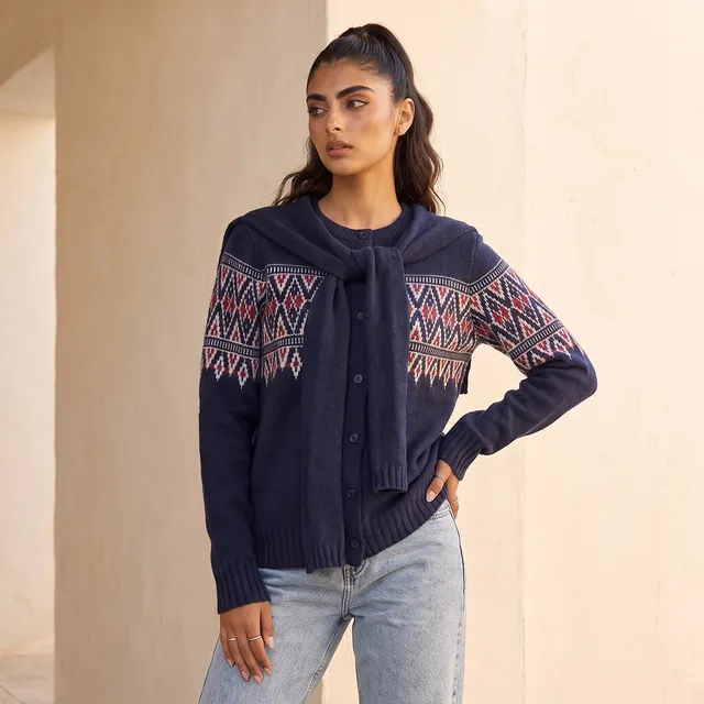 Splash Youth Textured Cardigan with Tie-Up Scarf