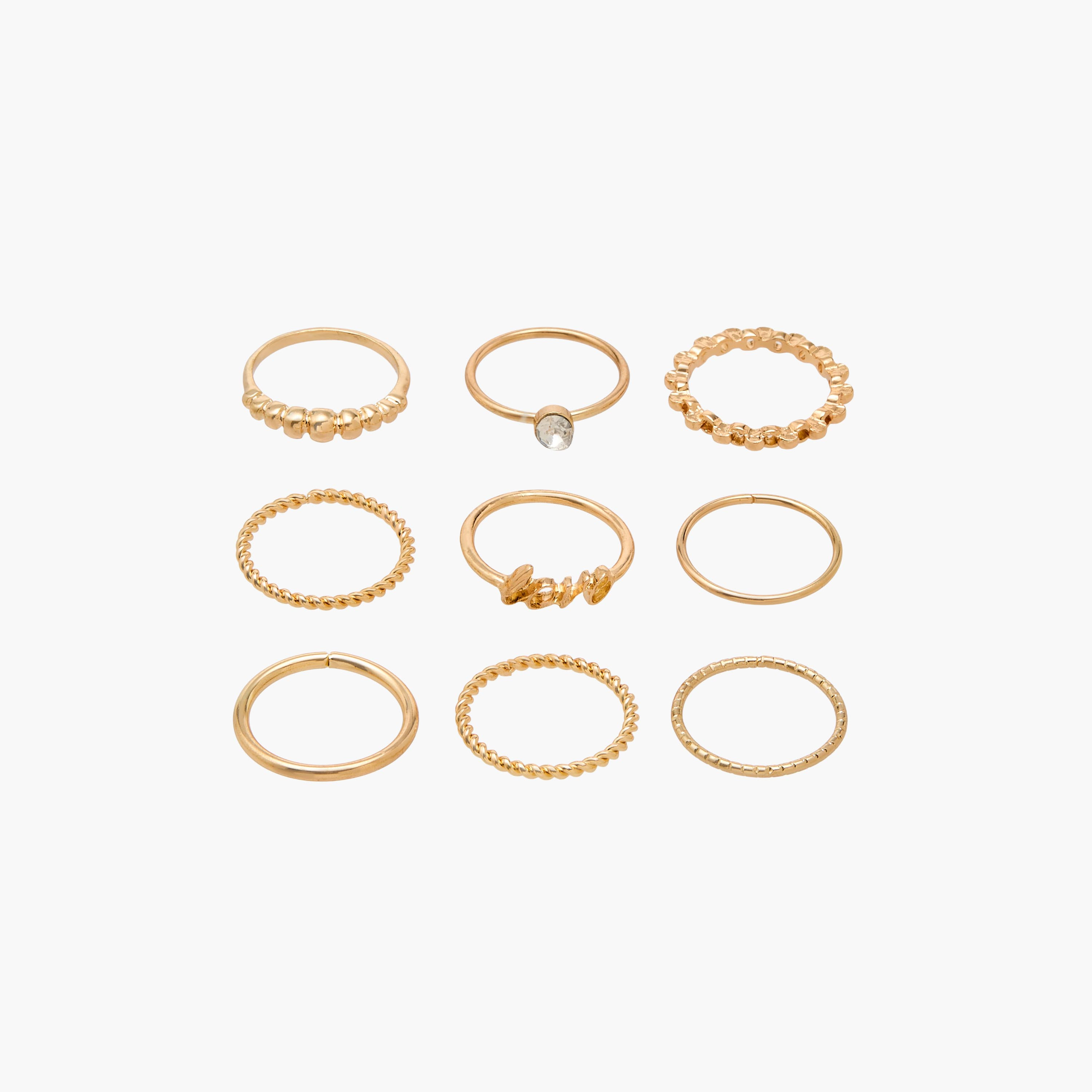 9pc Assorted Design Ring Sets, Gold Tone