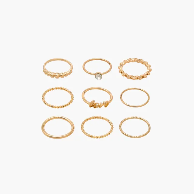 9pc Assorted Design Ring Sets, Gold Tone