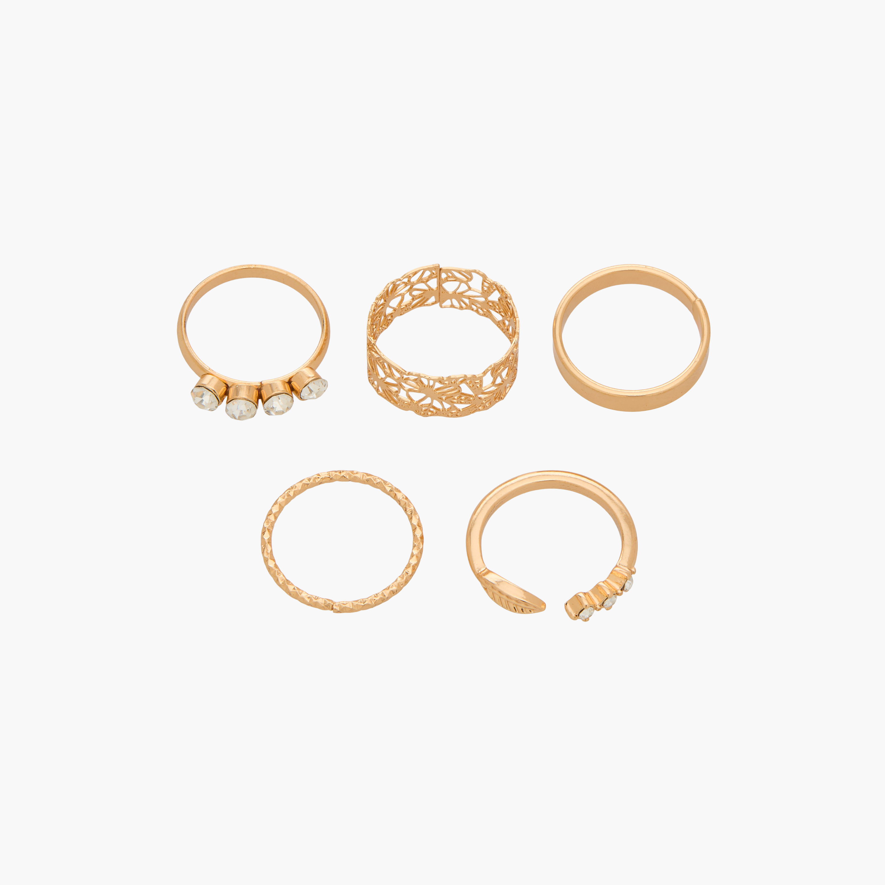 Set of 5 Embellished Stackable Ring Sets Gold Tone