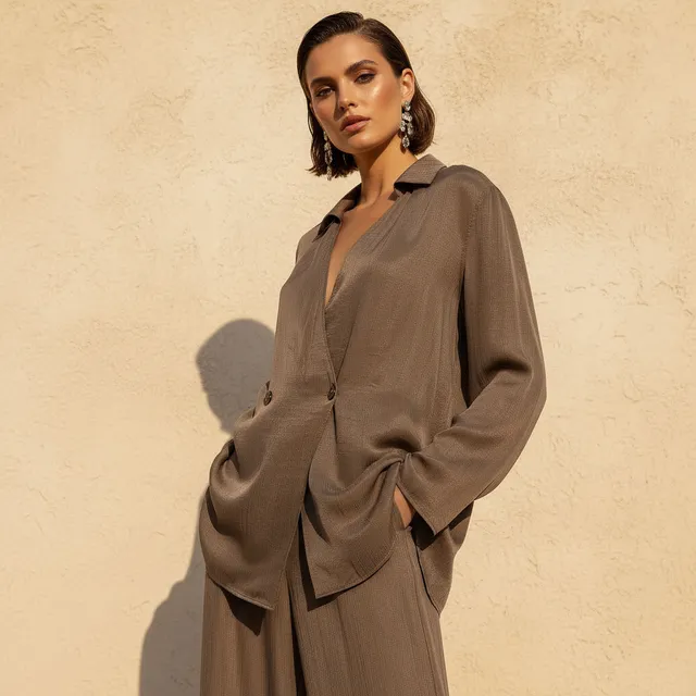Polyester Stretch Long-Sleeve Notch Collar Wrap Top