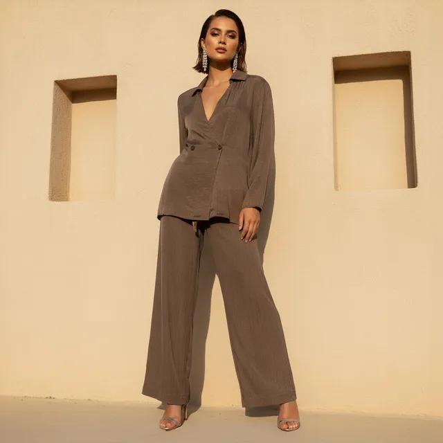 Polyester Stretch Long-Sleeve Notch Collar Wrap Top – image 3