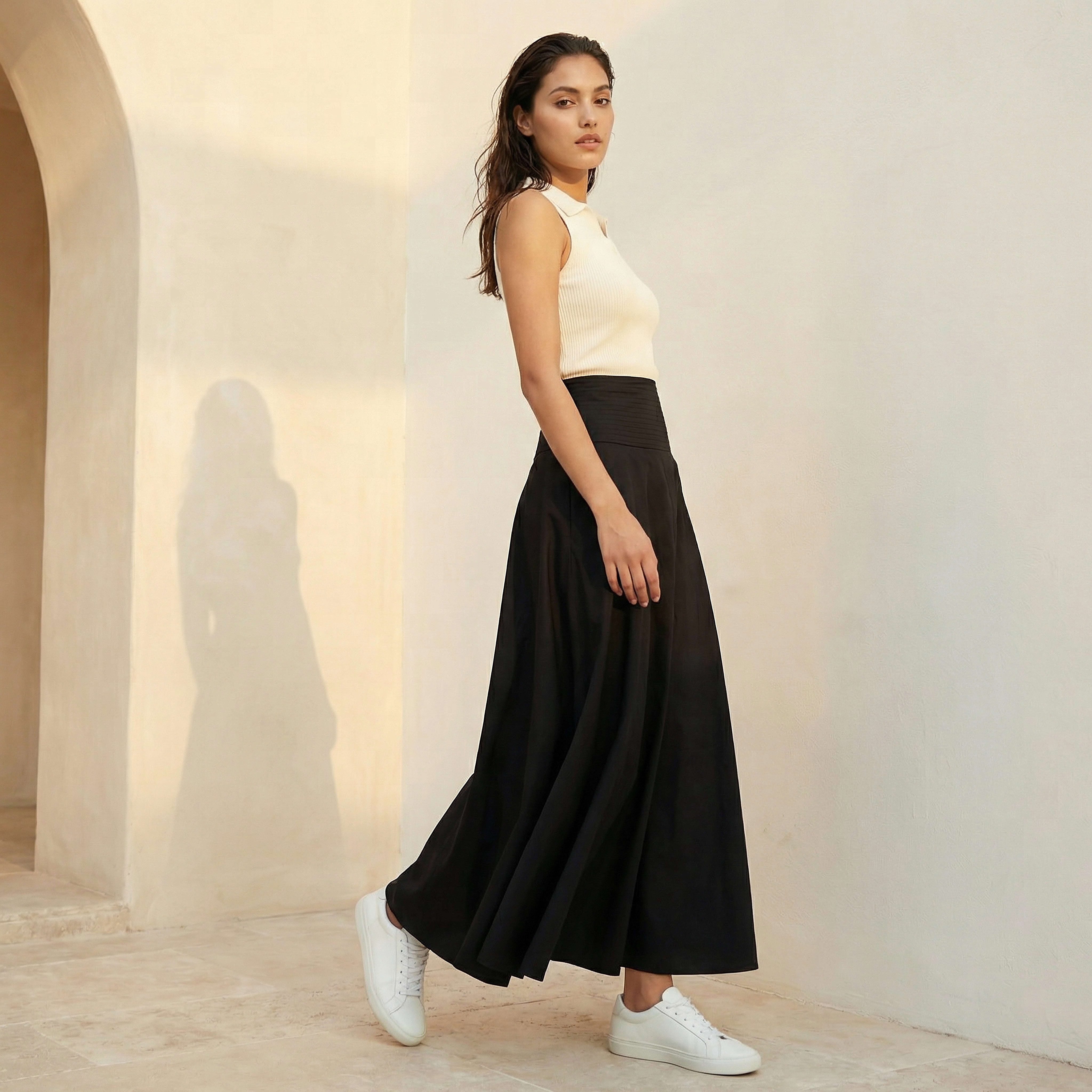 Iconic Maxi Length Cotton A-line Skirt with Panelled Waistband