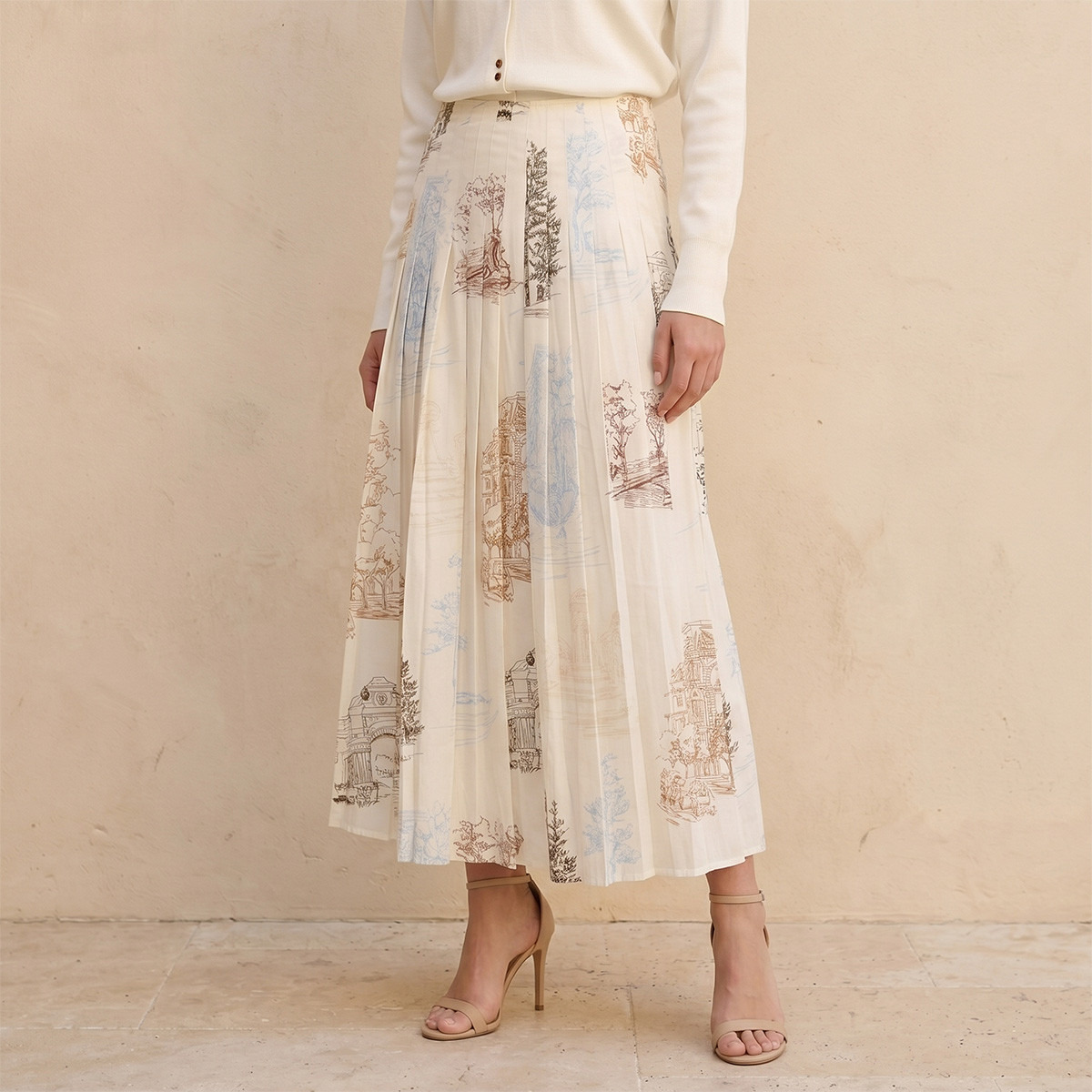Splash Iconic Midi Pleated Skirt with City Landscape Print