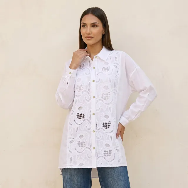 Splash Iconic Embroidered High-Low Hem Cotton Shirt