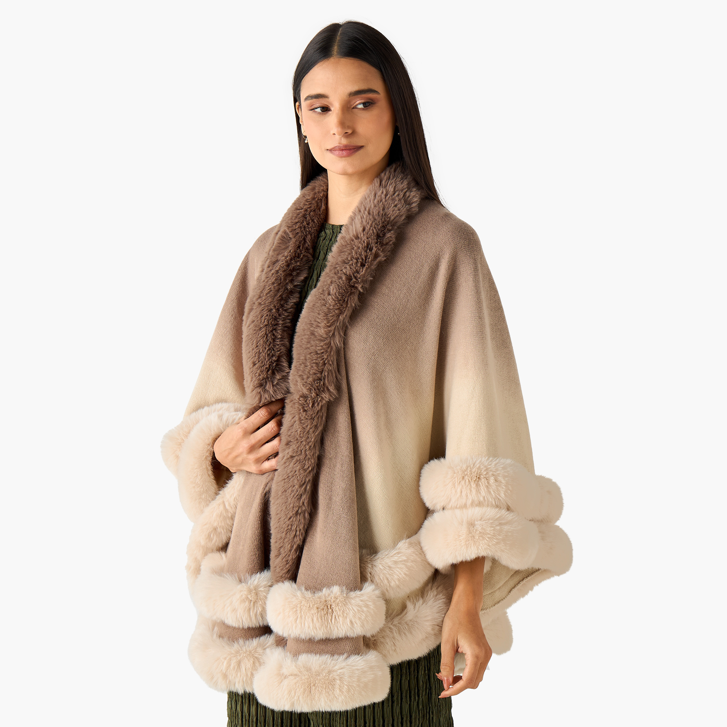 Scarf Cape Shaped with Ombre Fur Trim Design