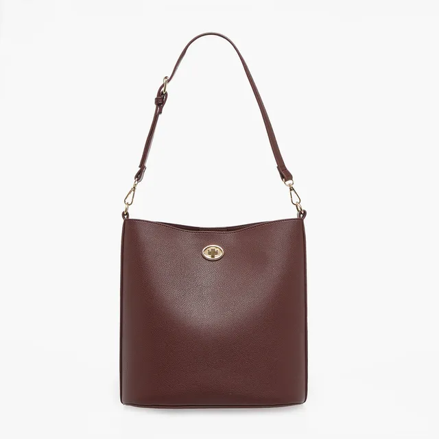 Textured Bucket Bag with Twist Lock Closure