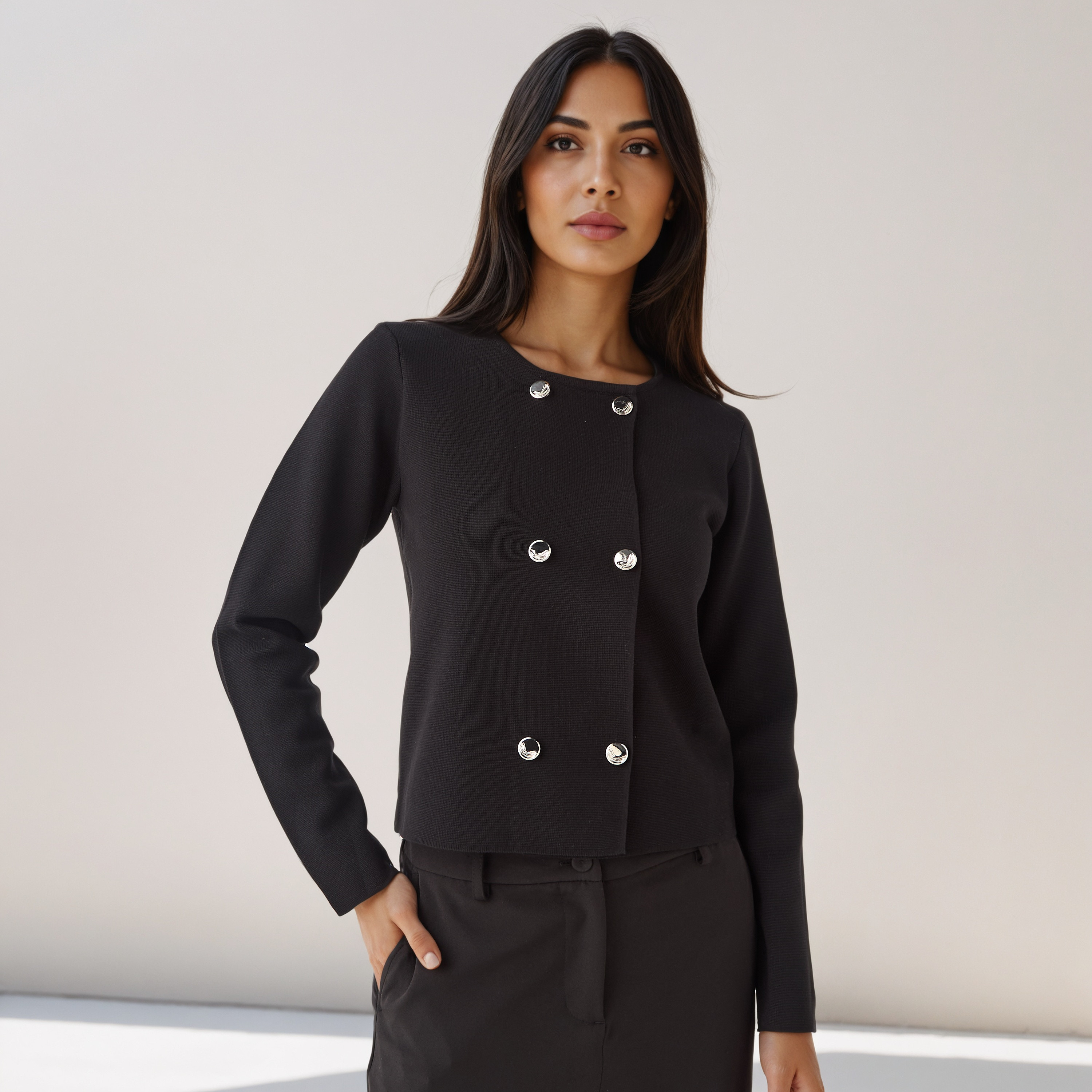 Regular Fit Button Detail Round Neck Cardigan
