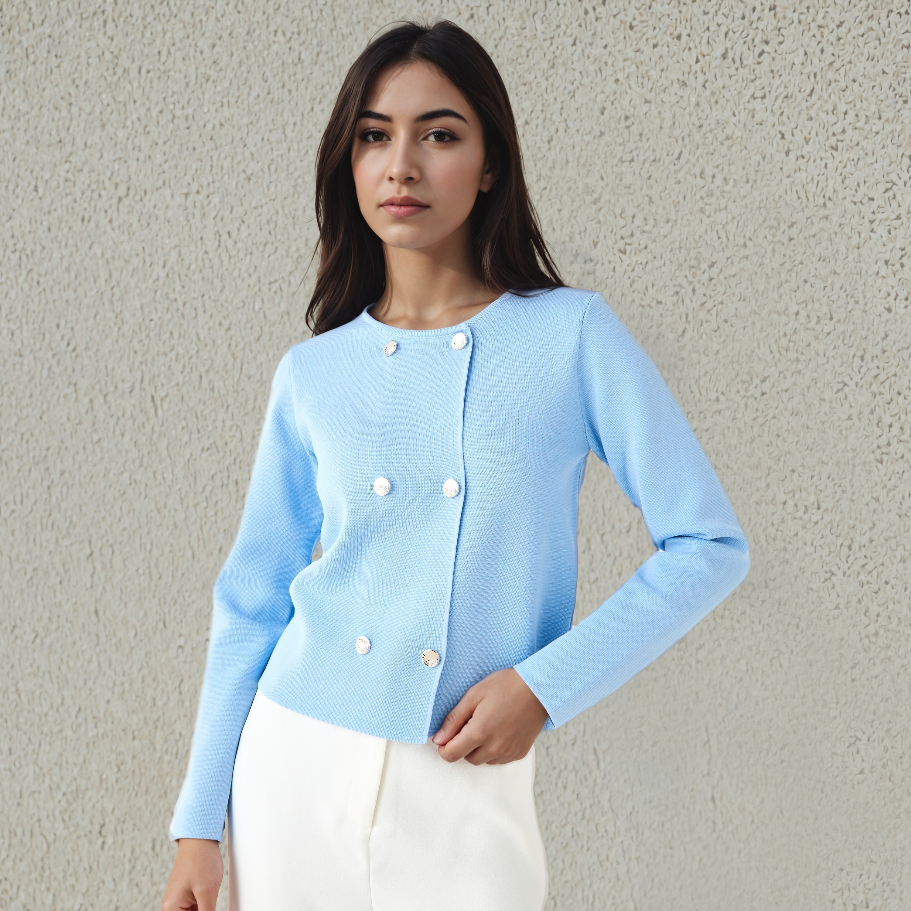 Regular Fit Button Detail Round Neck Cardigan