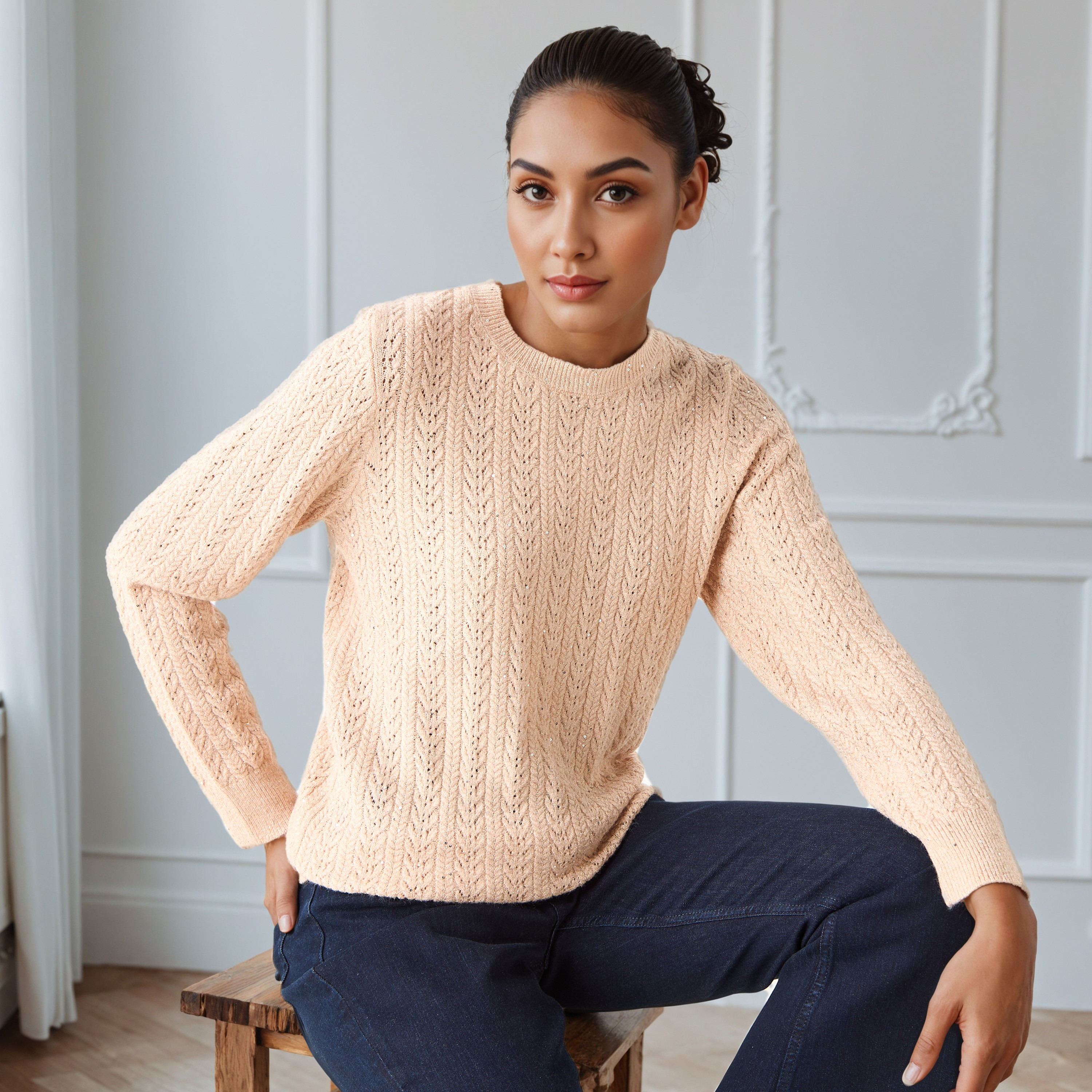 Regular Fit Cable Knit Crew Neck Sweater