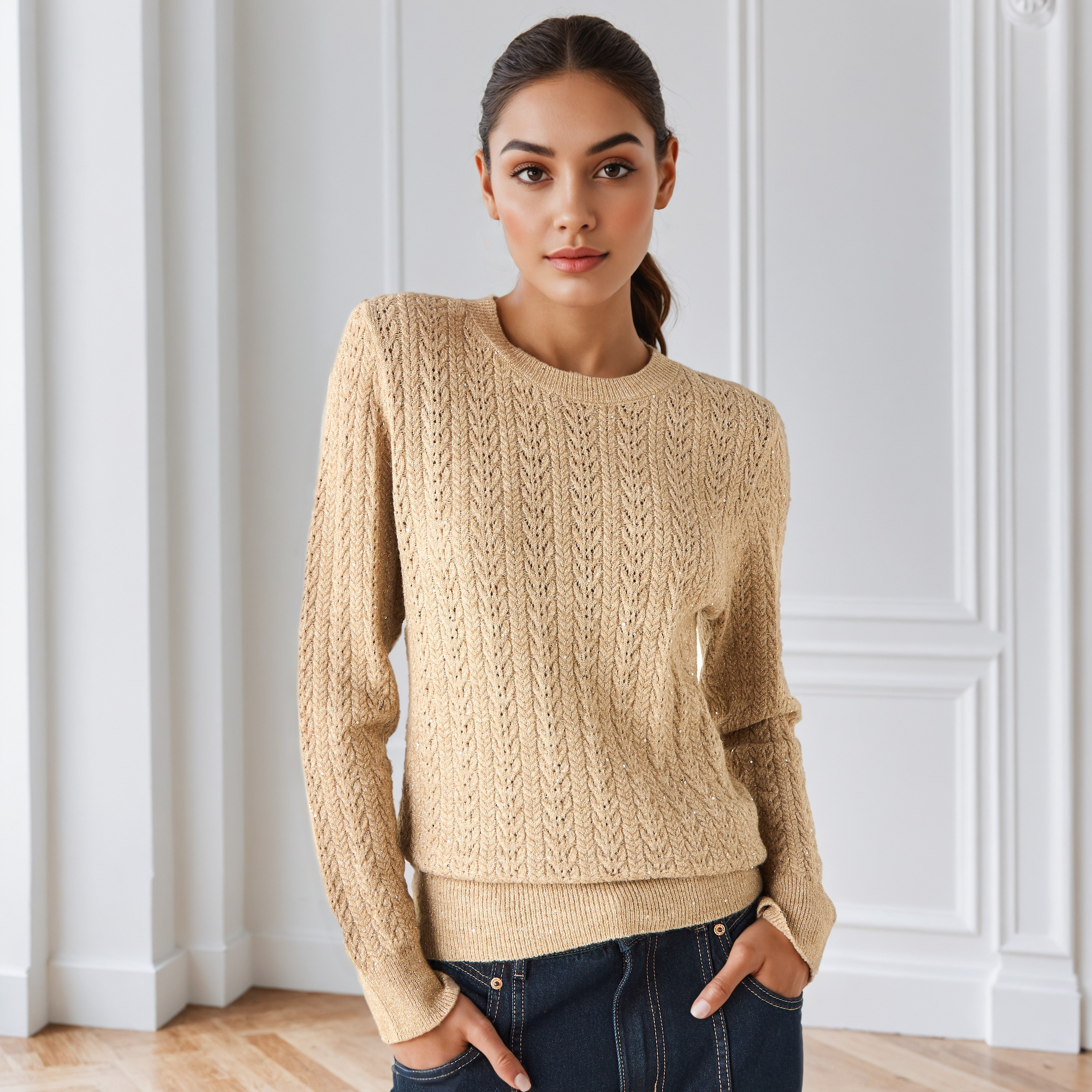 Regular Fit Cable Knit Crew Neck Sweater