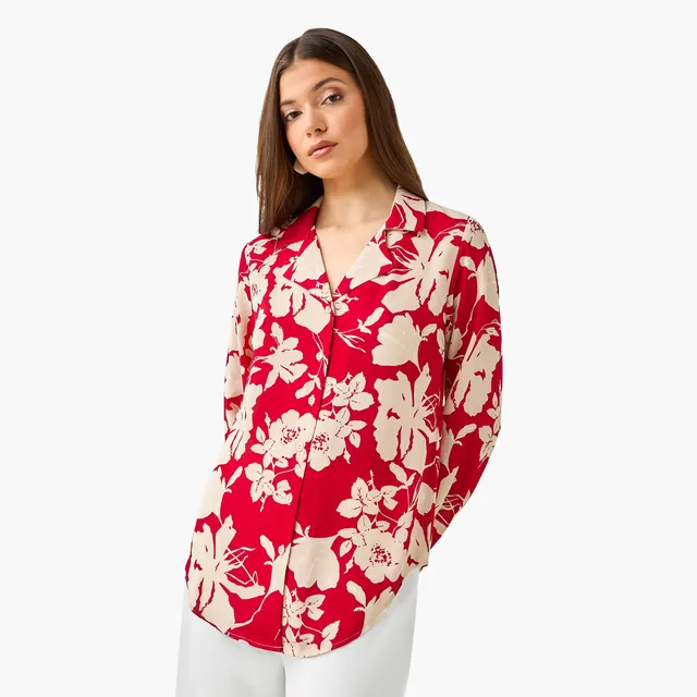 Floral Print Shirt with Notch Collar – image 3