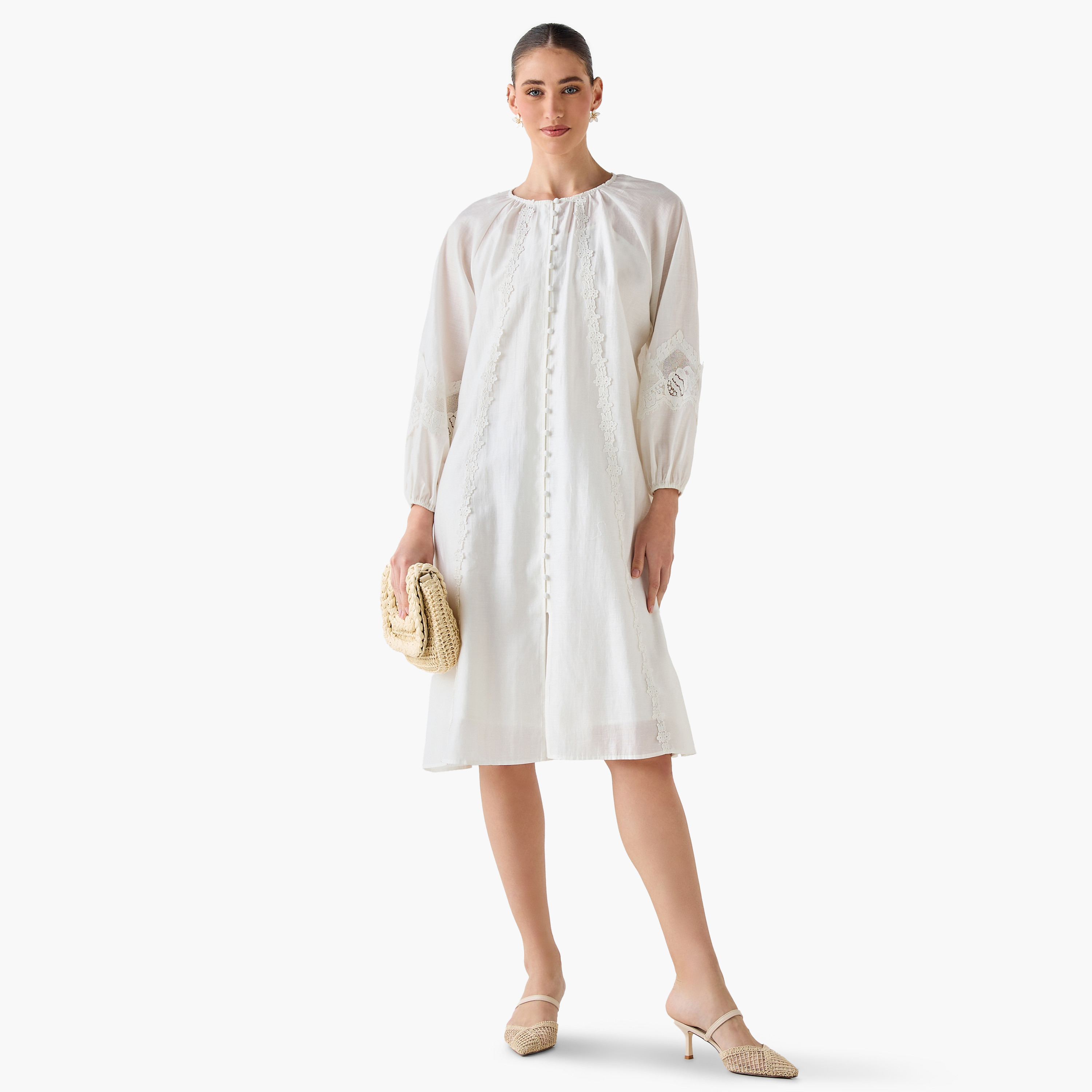 Lace Trim A-line Women Dress with Volume Sleeves