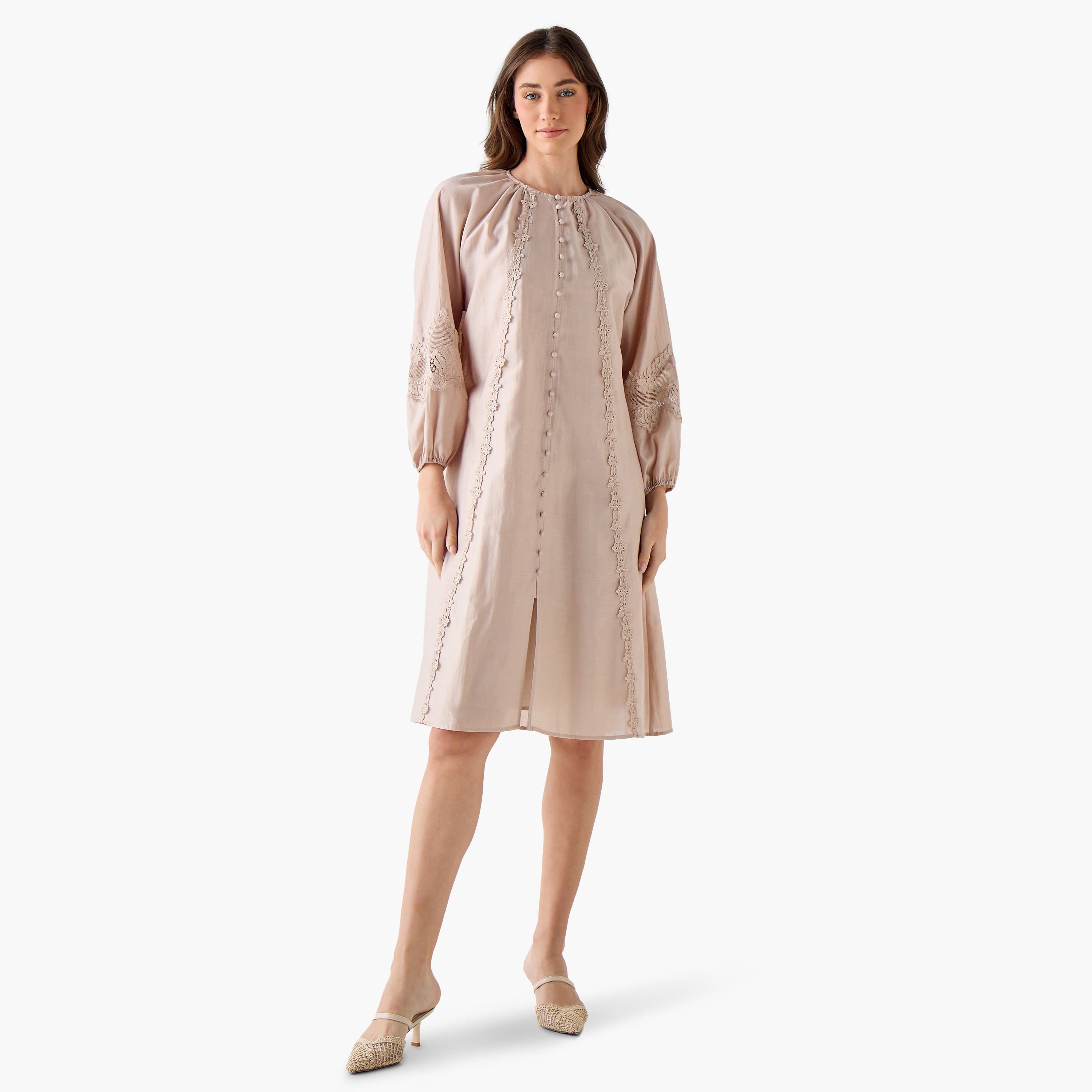 Lace Trim A-line Women Dress with Volume Sleeves