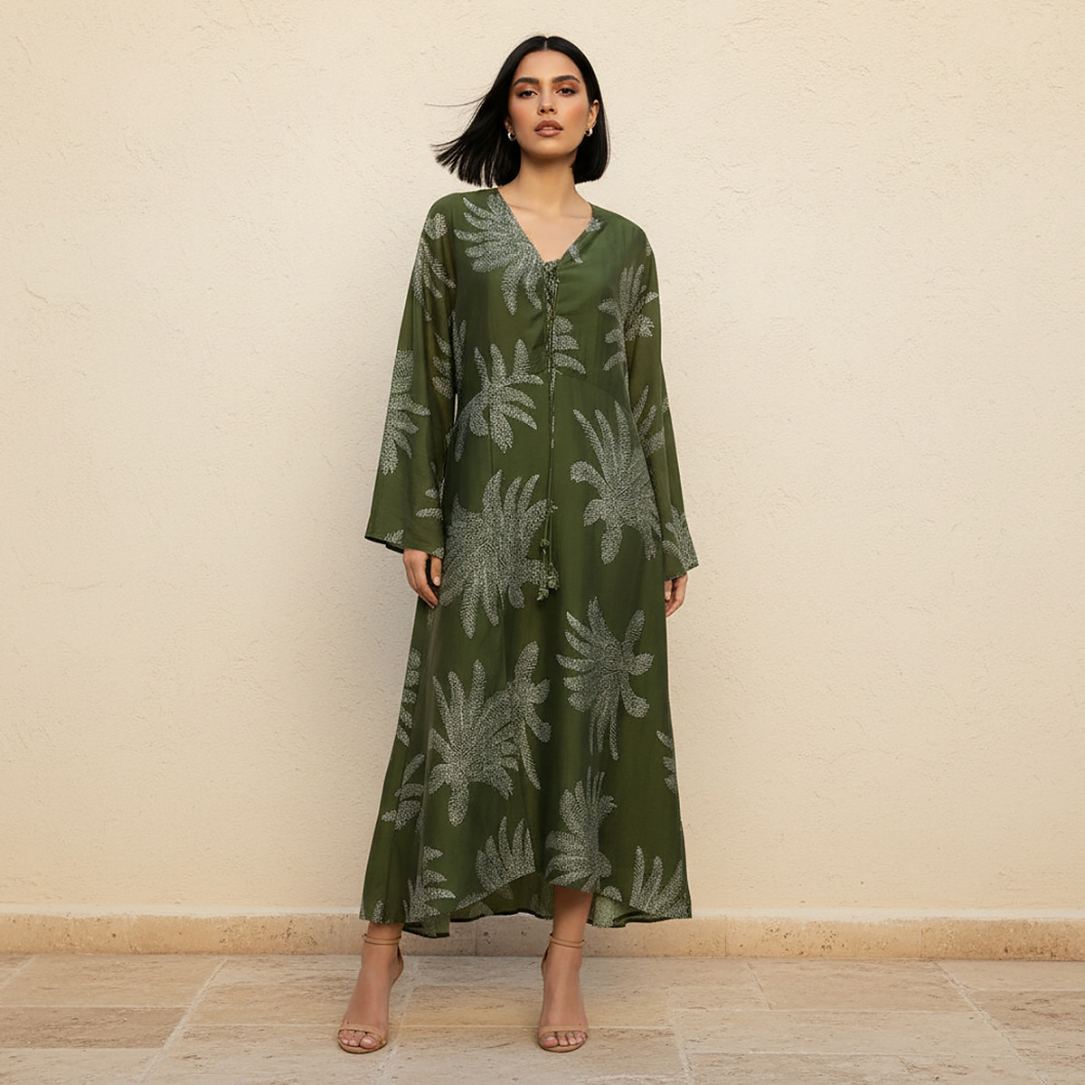 A-line Midi Dress with Leaf Print