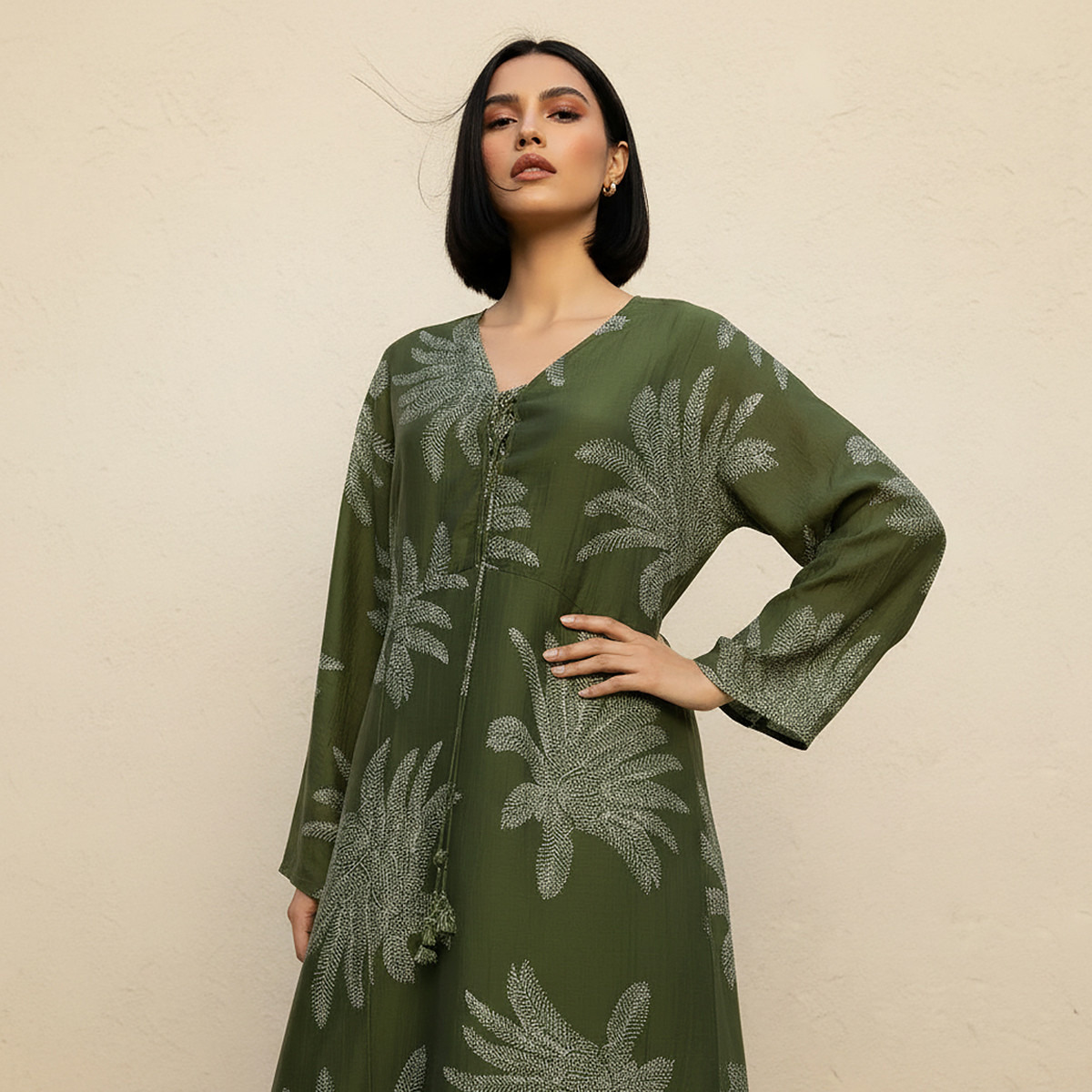 A-line Midi Dress with Leaf Print