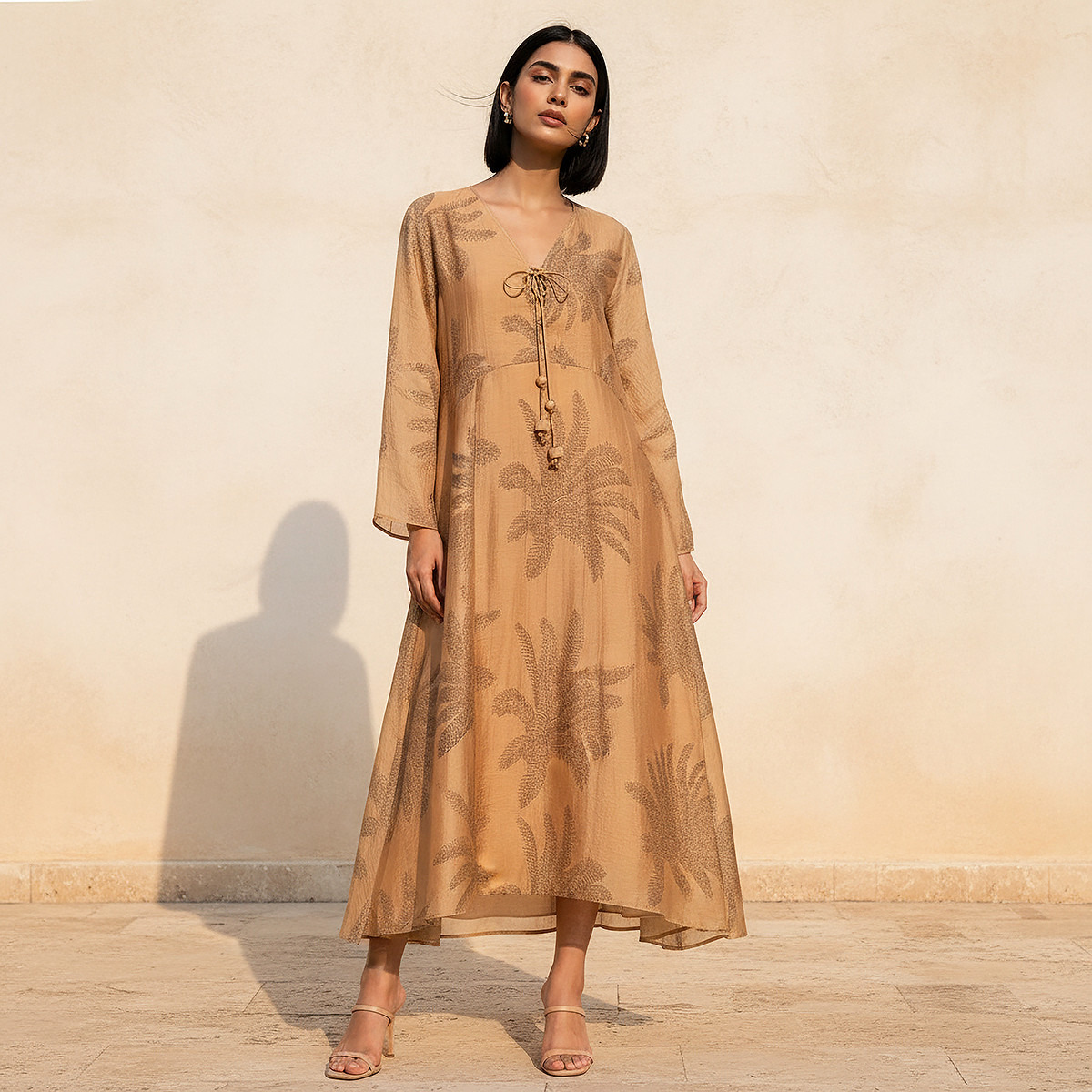 A-line Midi Dress with Leaf Print
