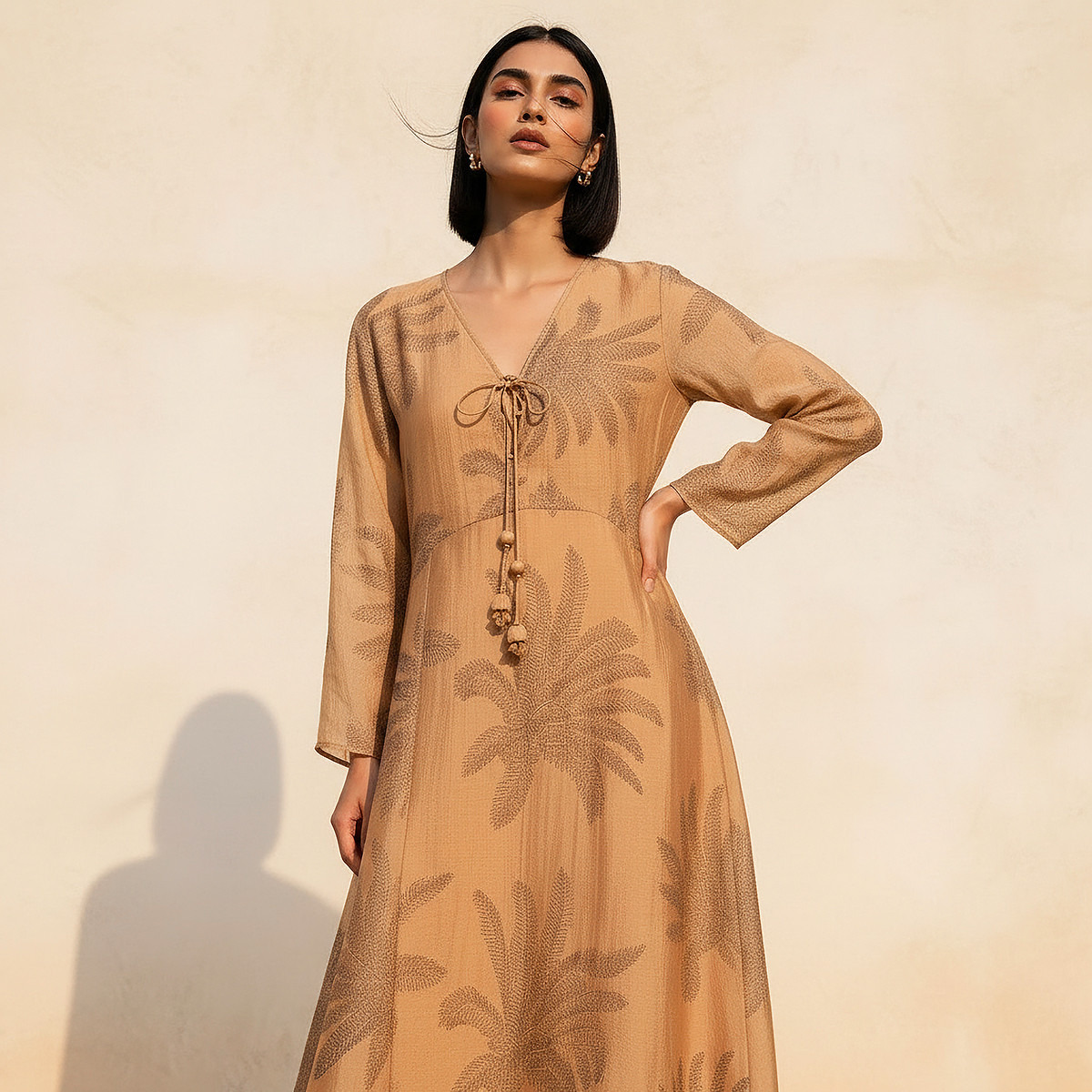 A-line Midi Dress with Leaf Print