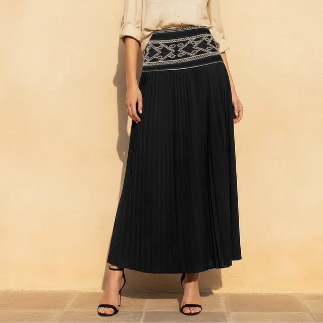 Midi A-line Pleated Embroidered Skirt
