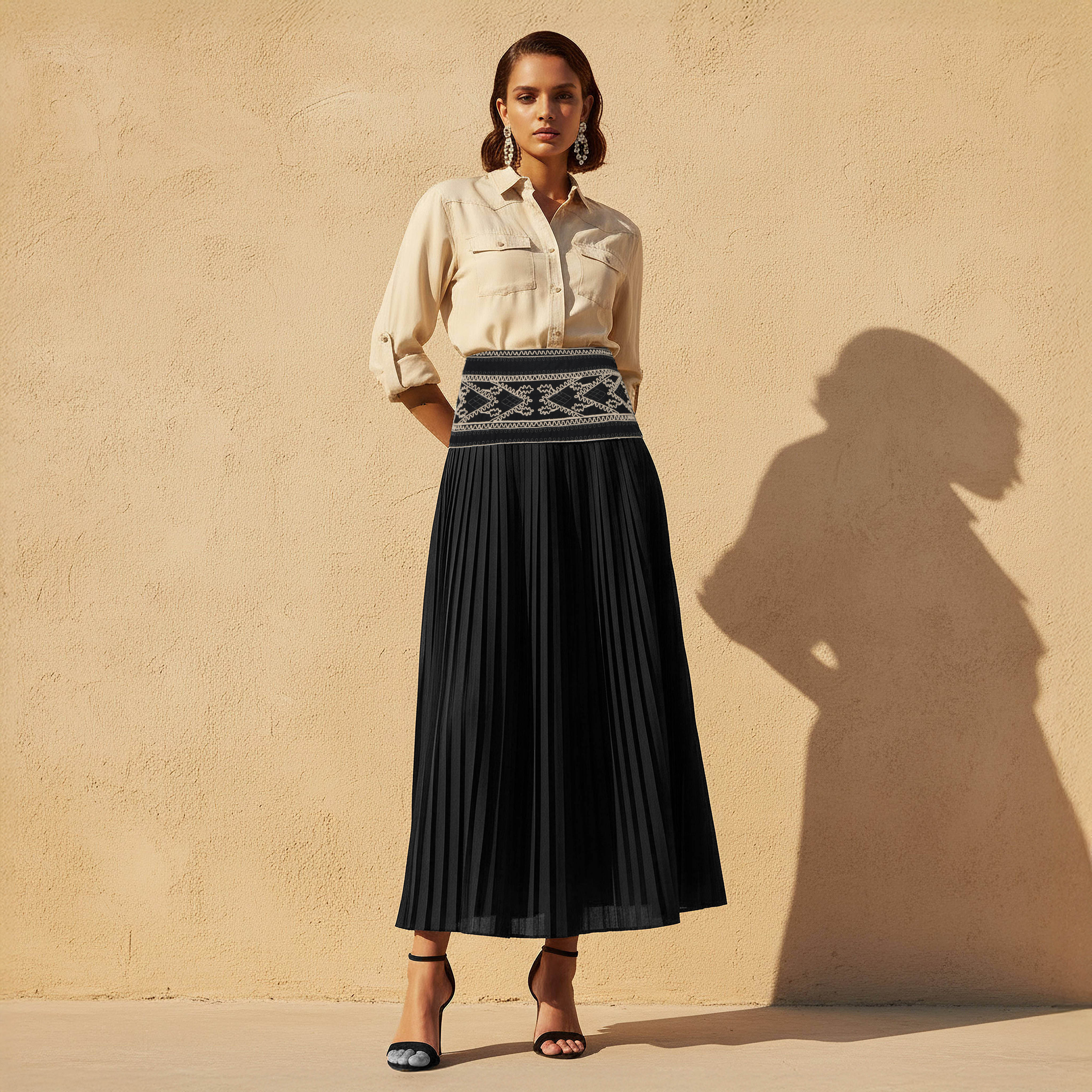 Midi A-line Pleated Skirt with Embroidered Detail