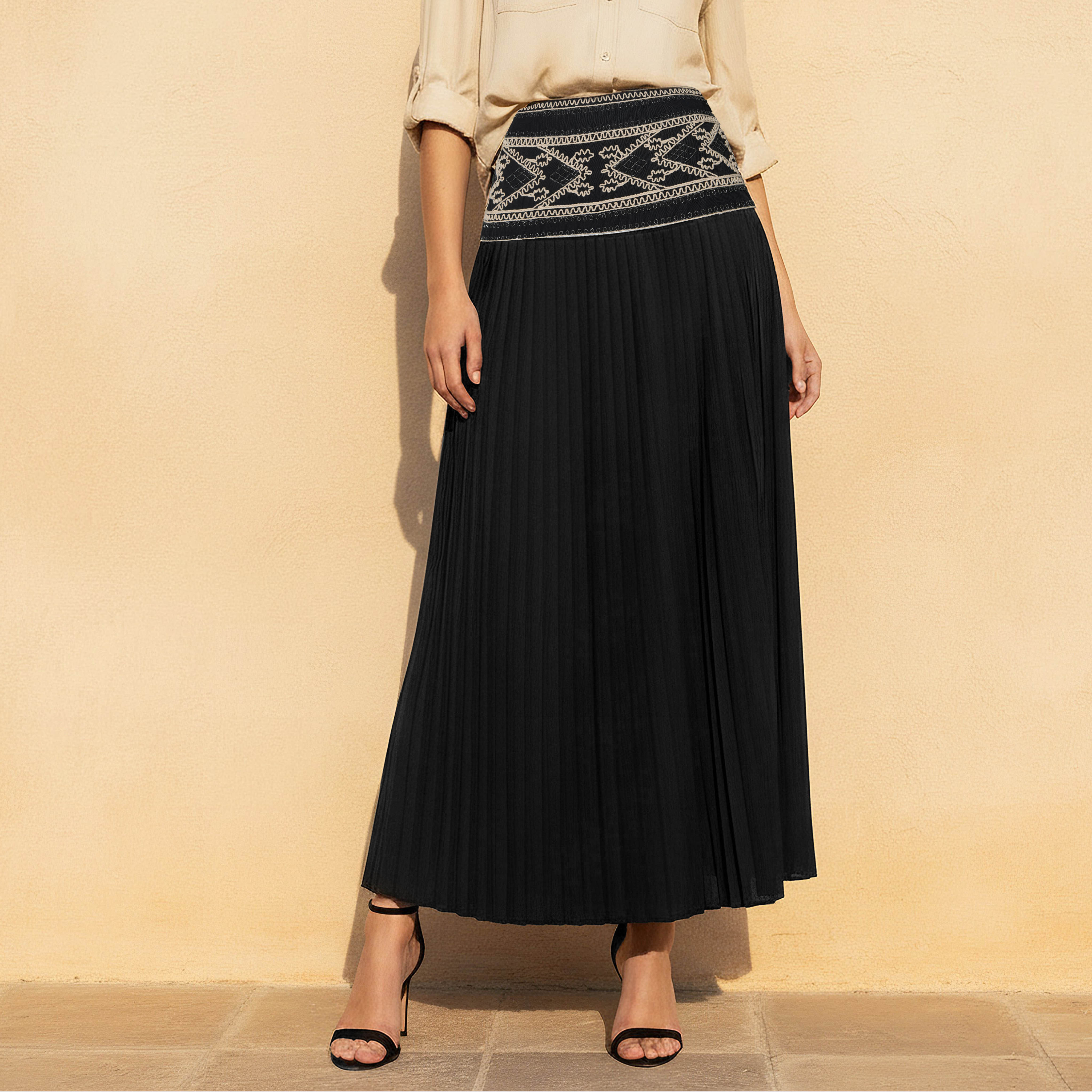 Midi A-line Pleated Embroidered Skirt