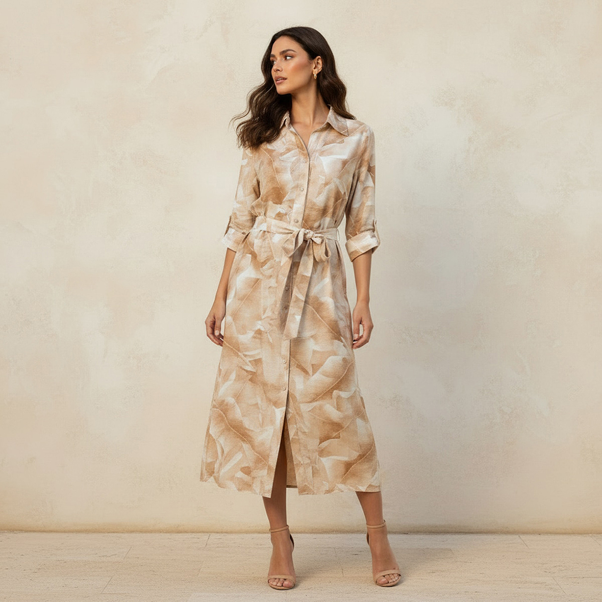 Splash Smart Printed A-line Shirt Dress with Tie-Up Belt