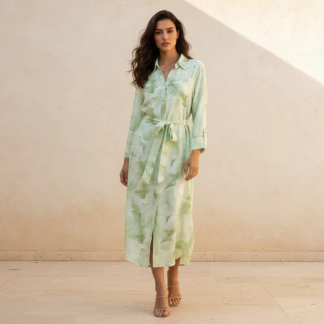 Splash Smart Printed A-line Shirt Dress with Tie-Up Belt