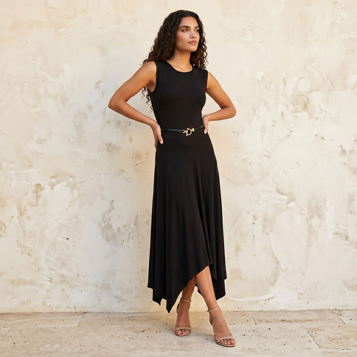 Splash Smart Sleeveless Midi Length Dress with Asymmetrical Hem