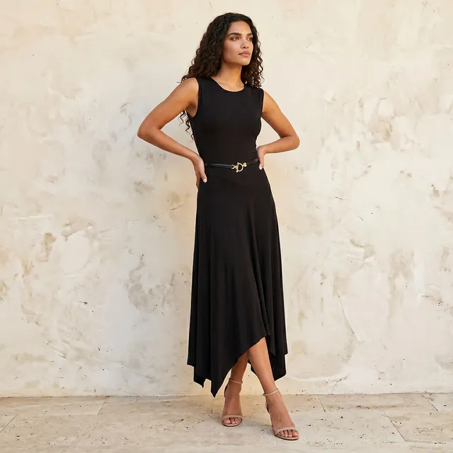 Splash Smart Sleeveless Midi Length Dress with Asymmetrical Hem