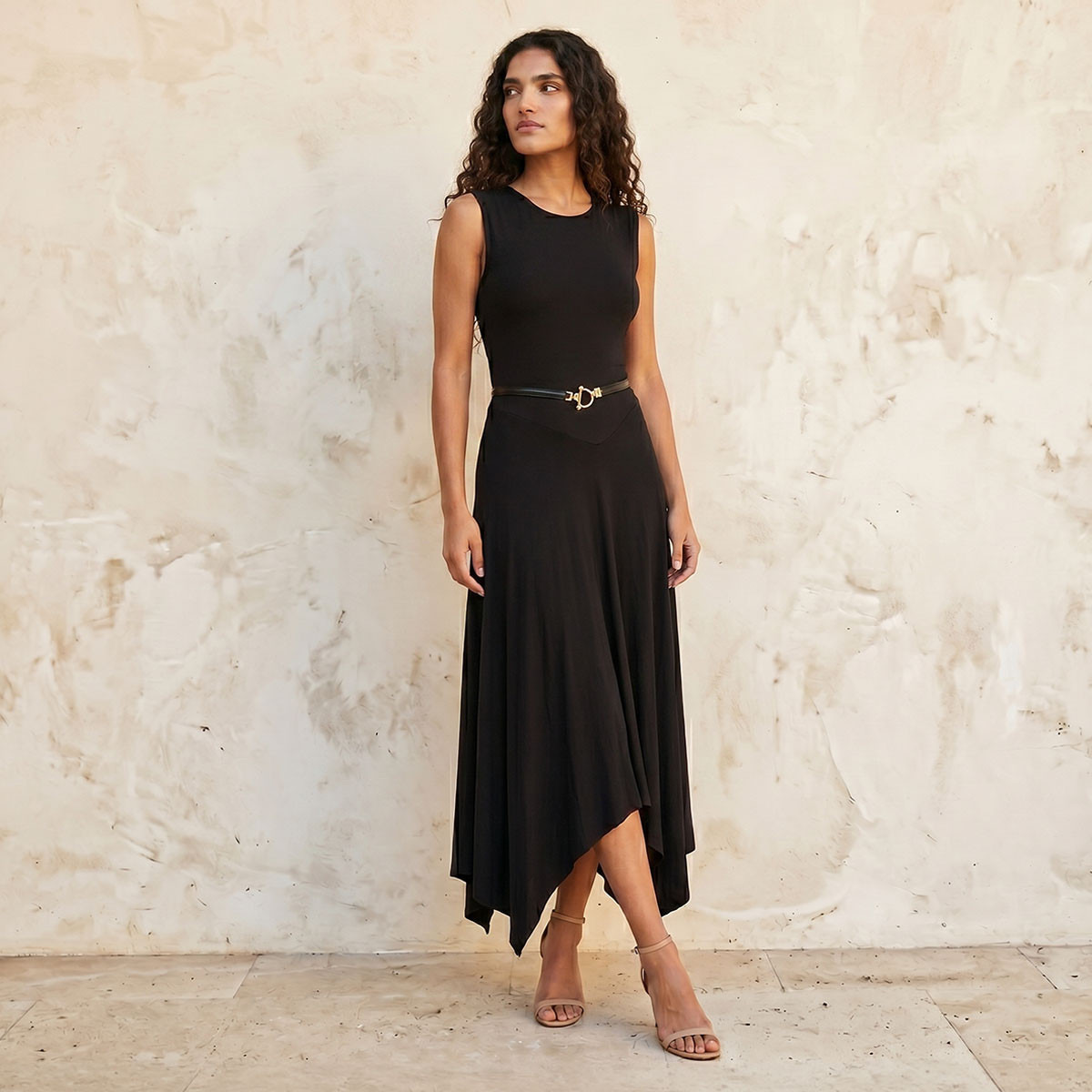 Splash Smart Sleeveless Midi Length Dress with Asymmetrical Hem