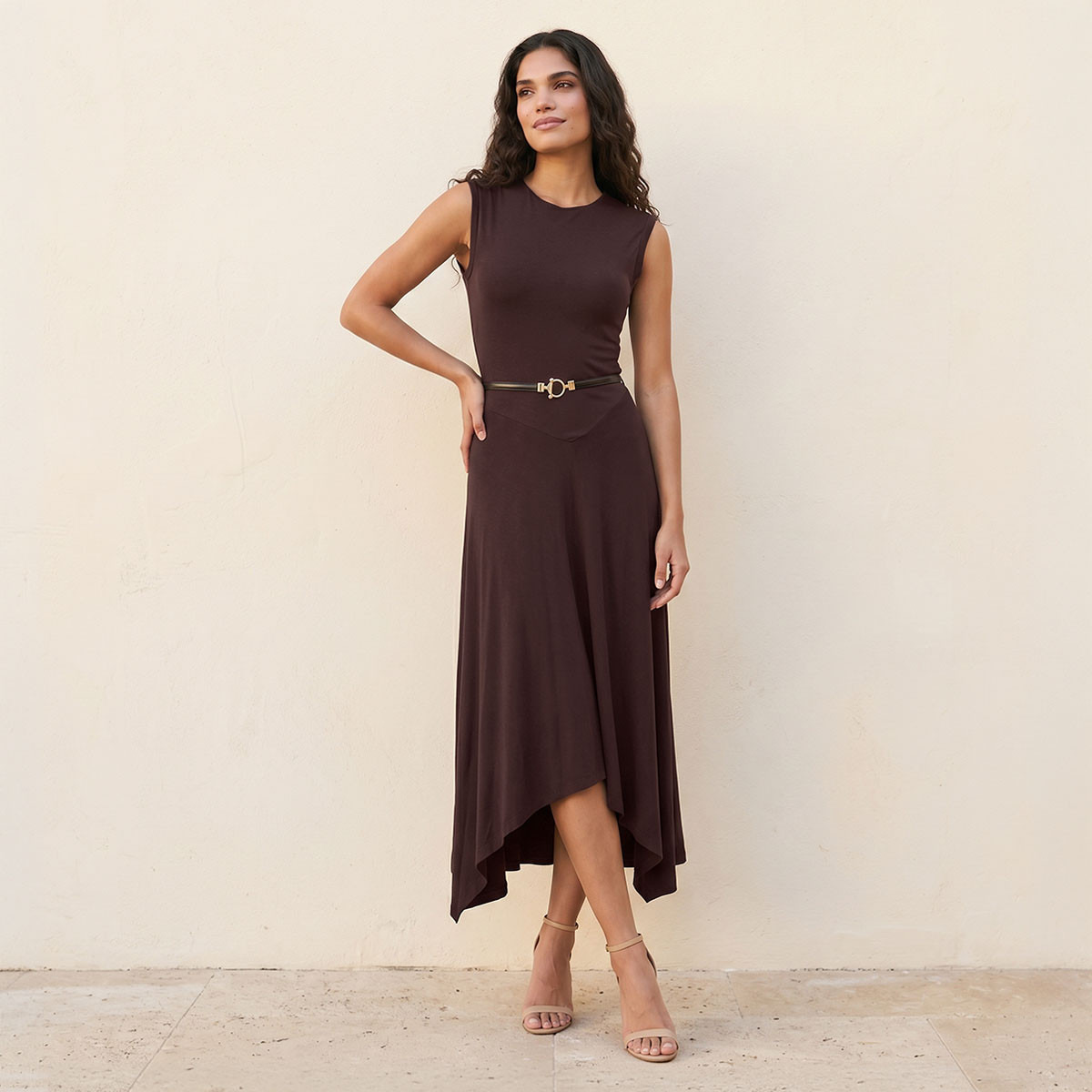 Splash Smart Sleeveless Midi Length Dress with Asymmetrical Hem