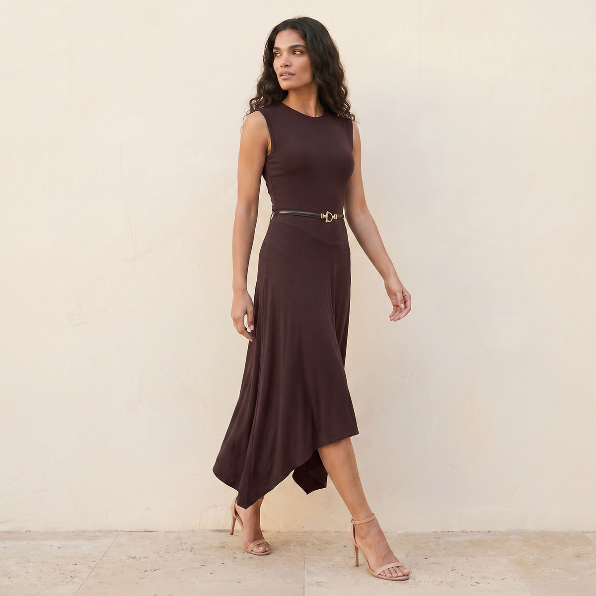 Splash Smart Sleeveless Midi Length Dress with Asymmetrical Hem