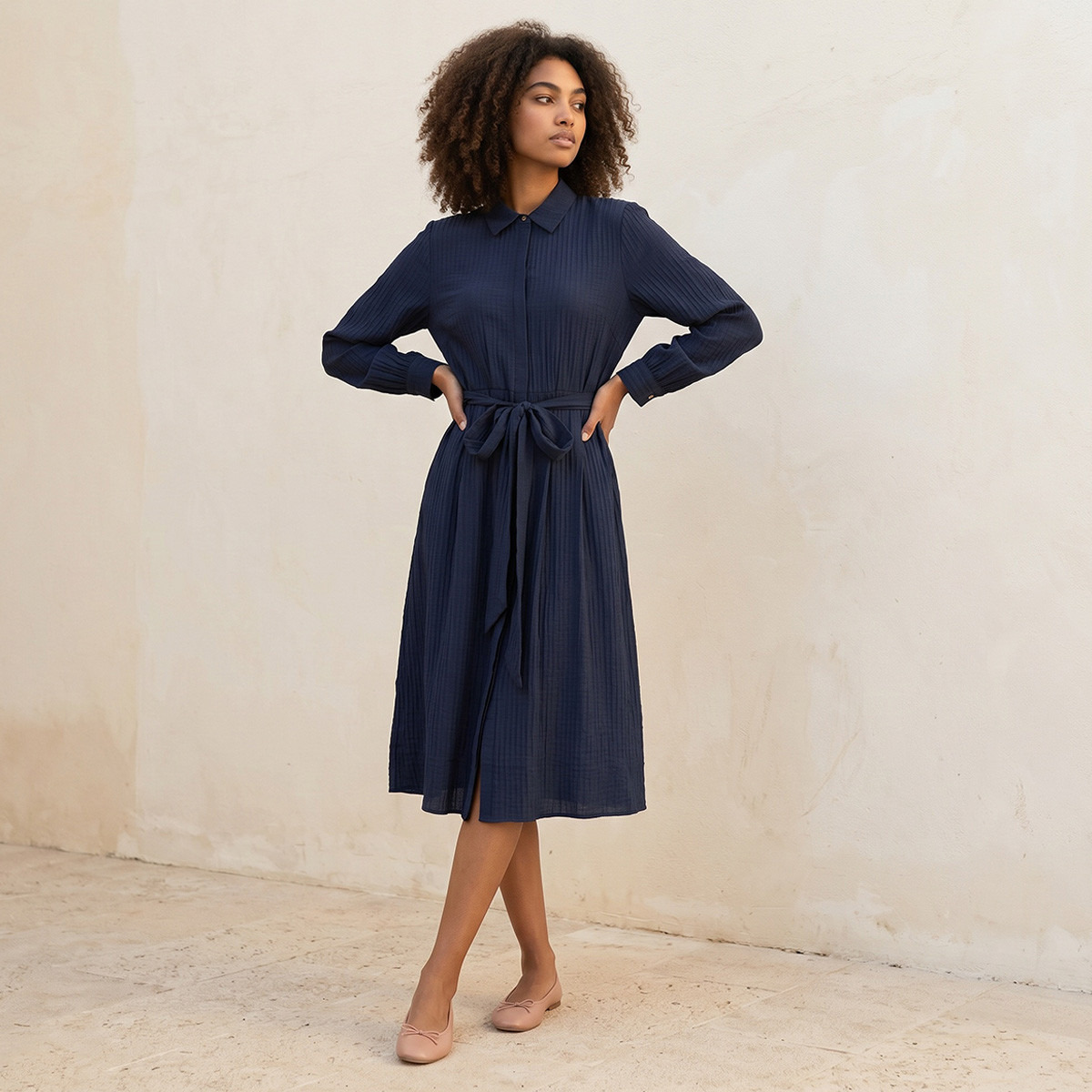 Splash Smart Shirt Dress with Tie-Up Belt