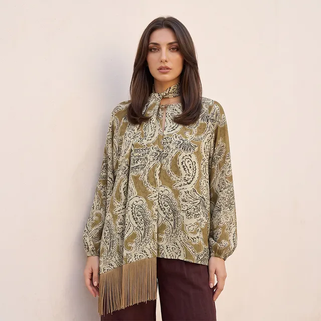 Splash Smart Printed Fringe Detail Top
