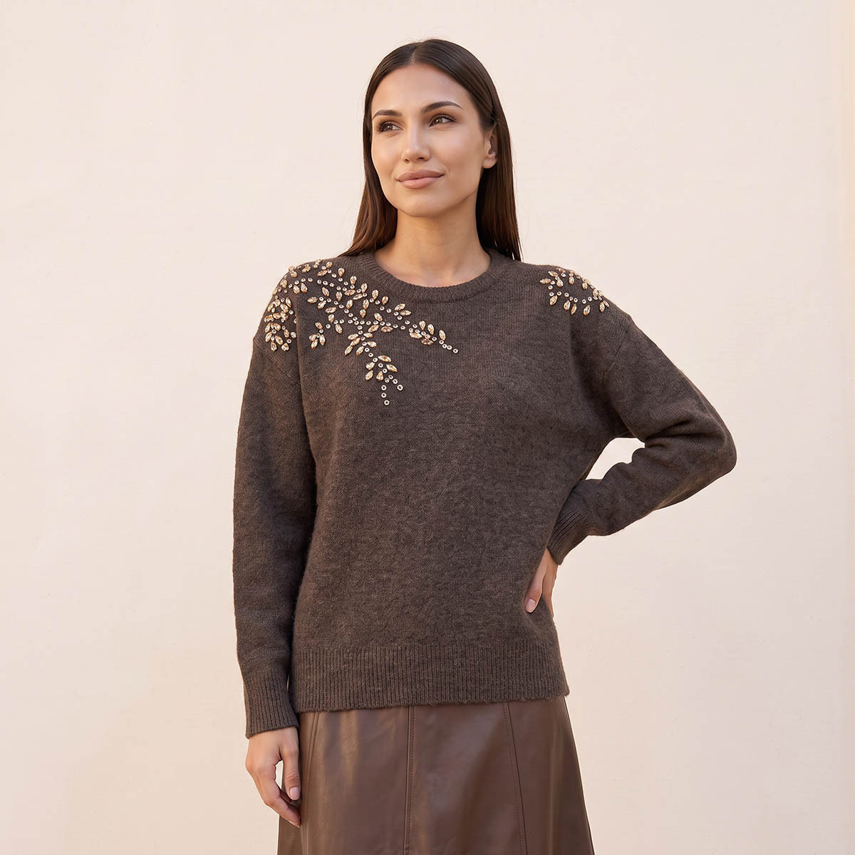 Splash Smart Leaf Embellished Sweater with Crew Neck